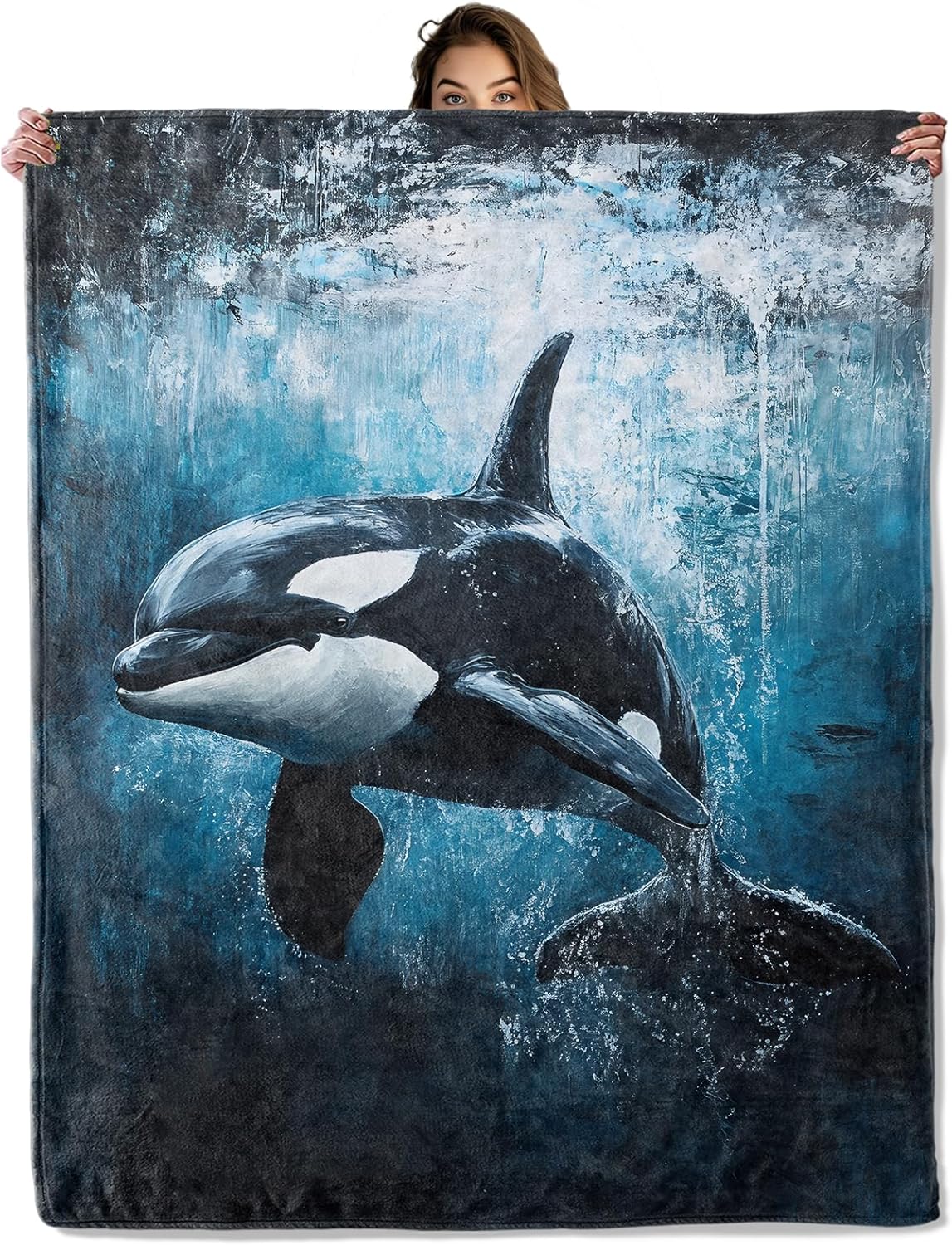 Orca Whale Ocean Blanket 50X60 in, Flannel Throw Blankets for Travel Camping Sofa Living Room Decor, Lightweight Cozy Soft Fuzzy Gifts for Women Adults Kids