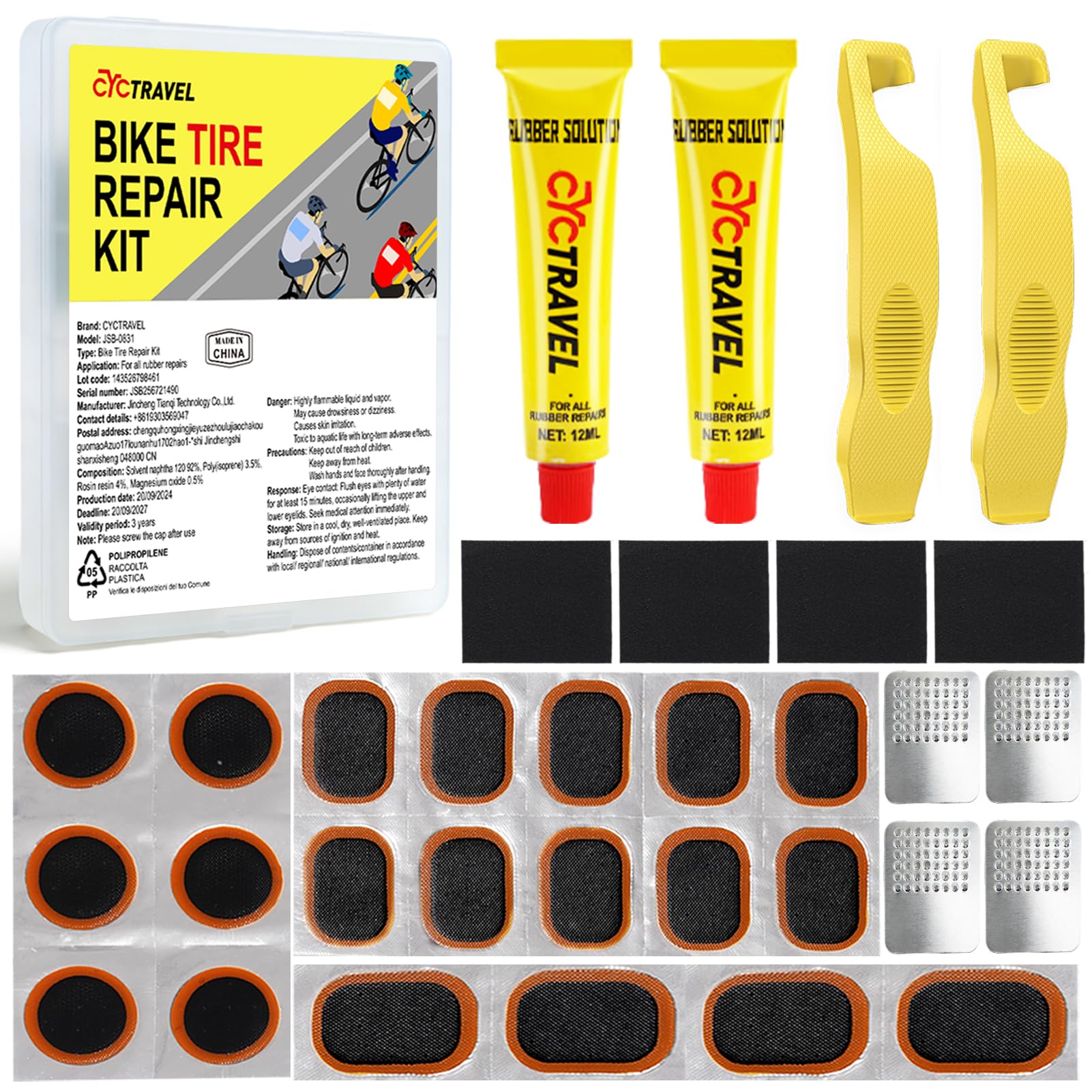 cyctravel Puncture Repair Kit Bike Tyre, High Performance Puncture Repair Patches, Bike Puncture Repair Kit Includes 20 PCS Puncture Repair Patches, 2 Crowbars, Suitable for Mountain Bikes, Road Bikes