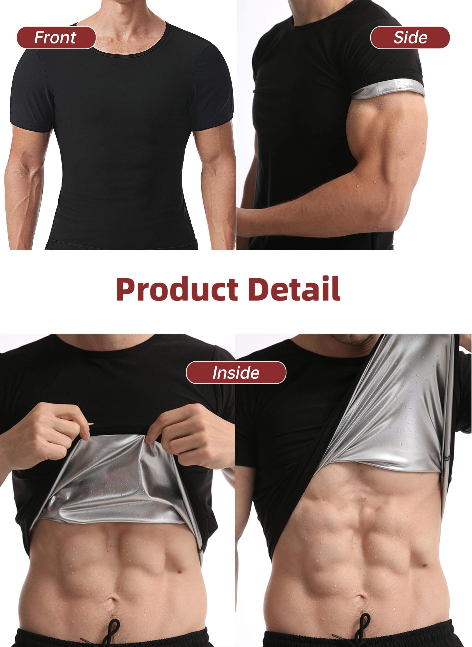 Sauna Shirt for Men, Mens Heat Trapping T-Shirt for Weight Loss (L Size), Compression Sweat Shirts Short Sleeve for Workout Sports Exercise to Burn Fat