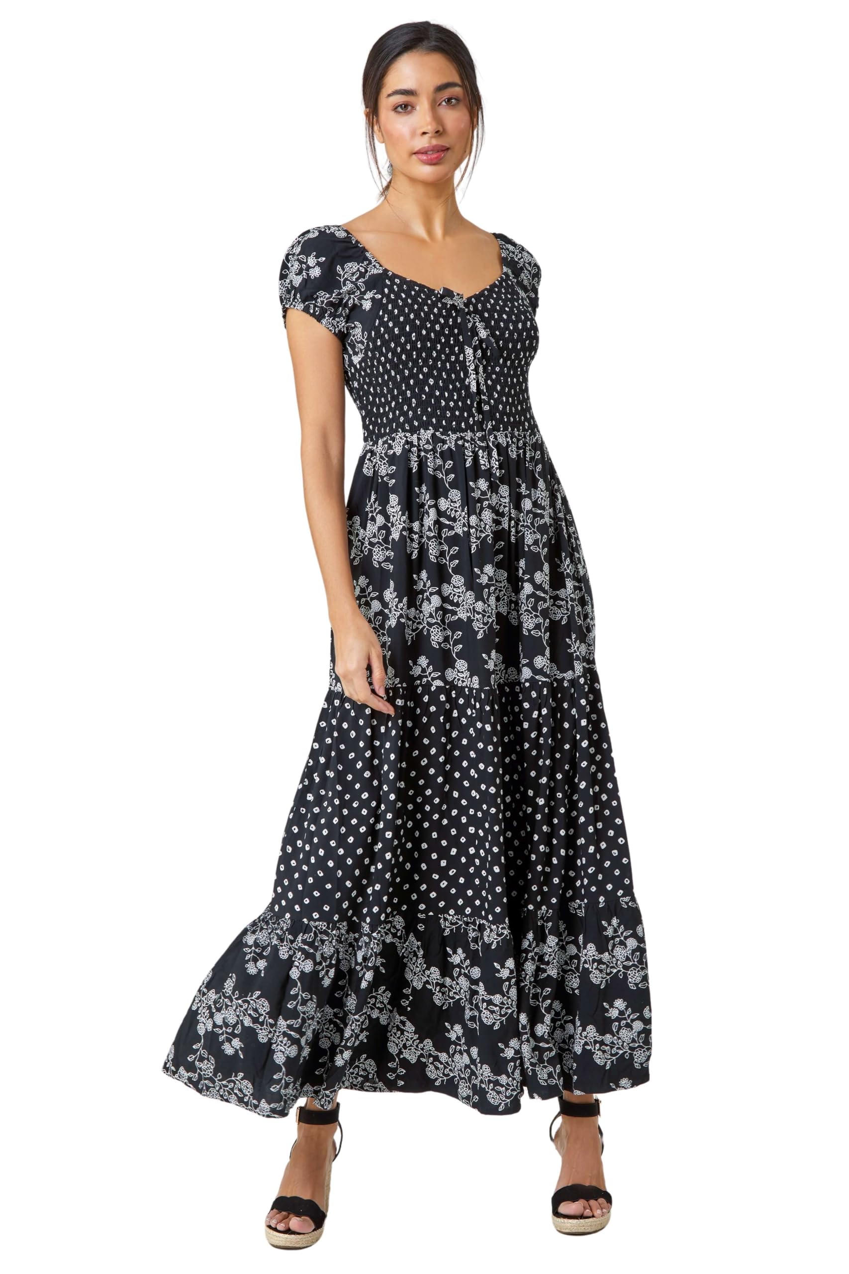 Roman Originals Women's Black & Grey Bardot Dress For Uk Shirred Chest Off Shoulder Cold Shoulder Maxi Midi Summer Beach Holiday Sleeveless Garden Cocktail Party Elasticated - Size 14