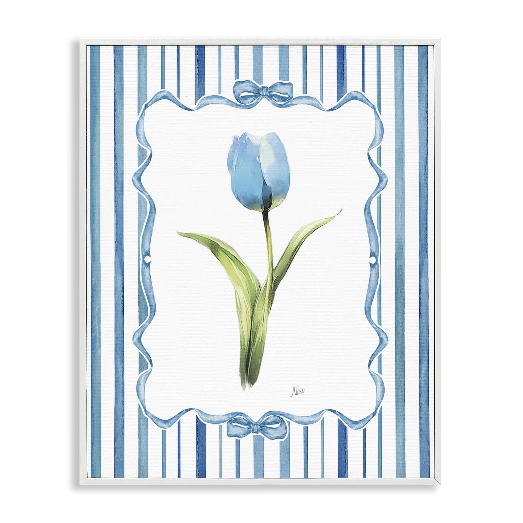 Stupell Industries 'Single Blue Tulip Stripes', Framed Giclee Art, White, 24 x 30 Inches, Easy to Hang and Sturdy, Made in USA, by Nan