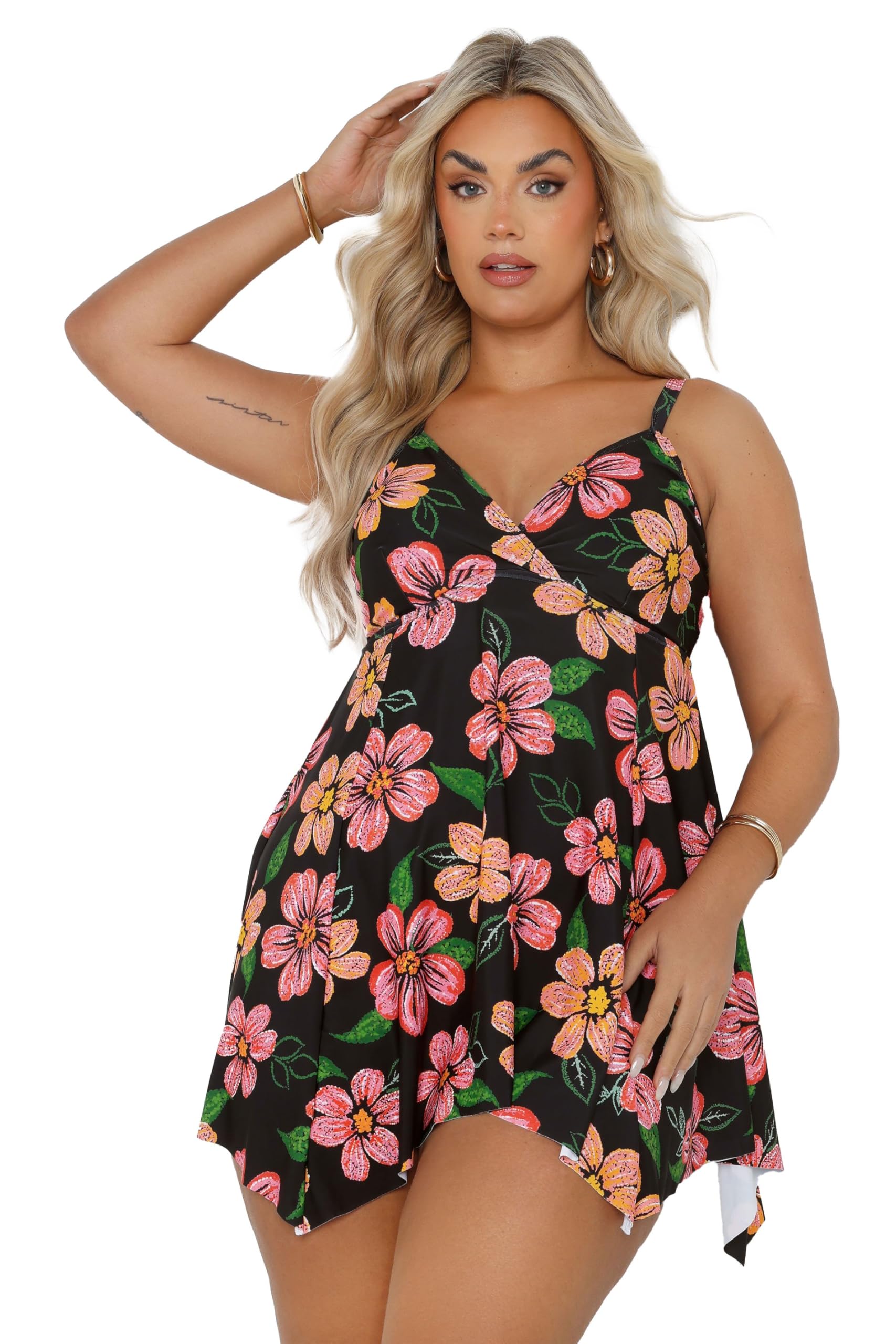 Yours Curve Floral Print Hanky Hem Swim Dress - Womens - Plus Size Curve Black