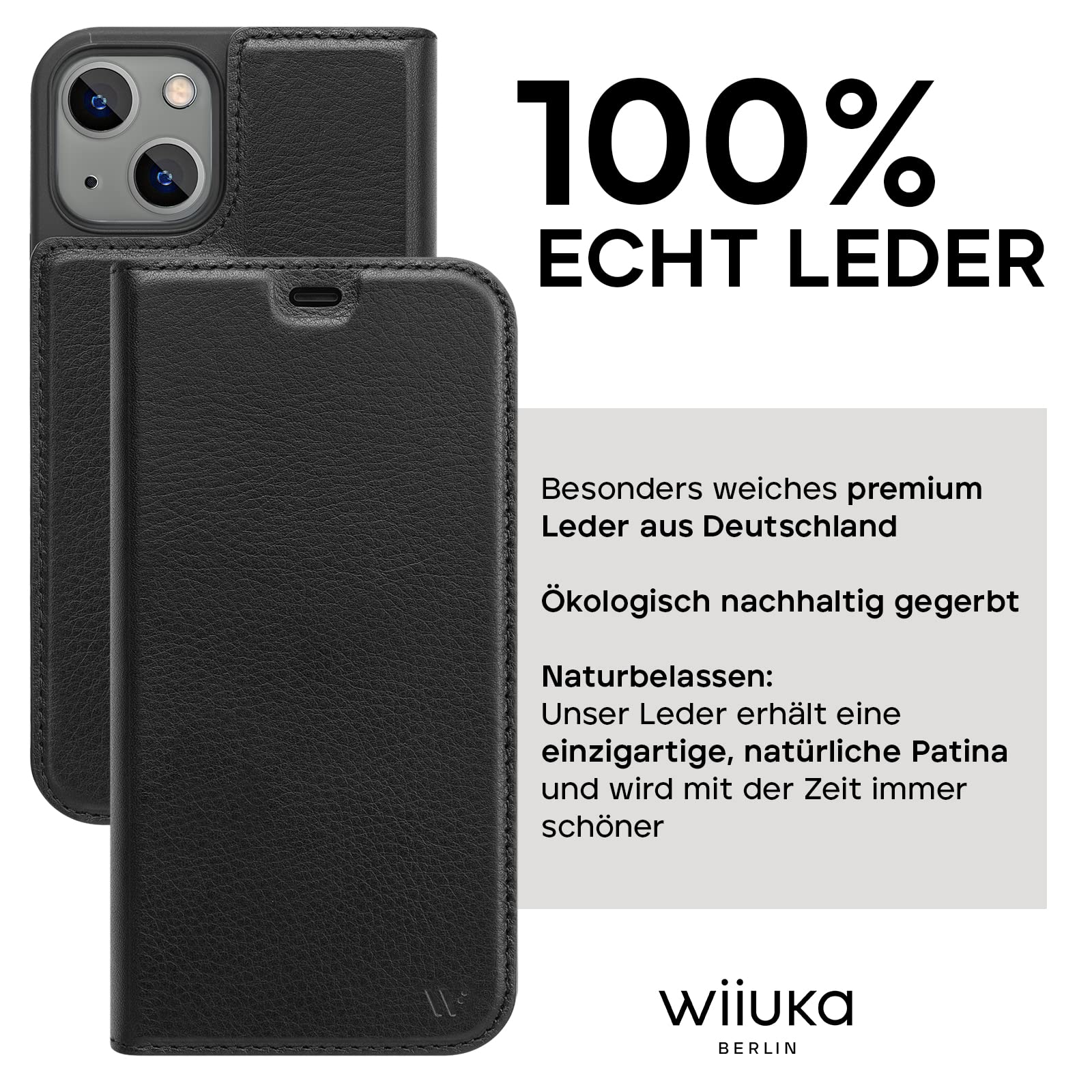 WIIUKA Case for iPhone 13, German Premium Leather, with Card Slot, Extra Thin, Mobile Phone Case with Stand Function, Black - Image 2