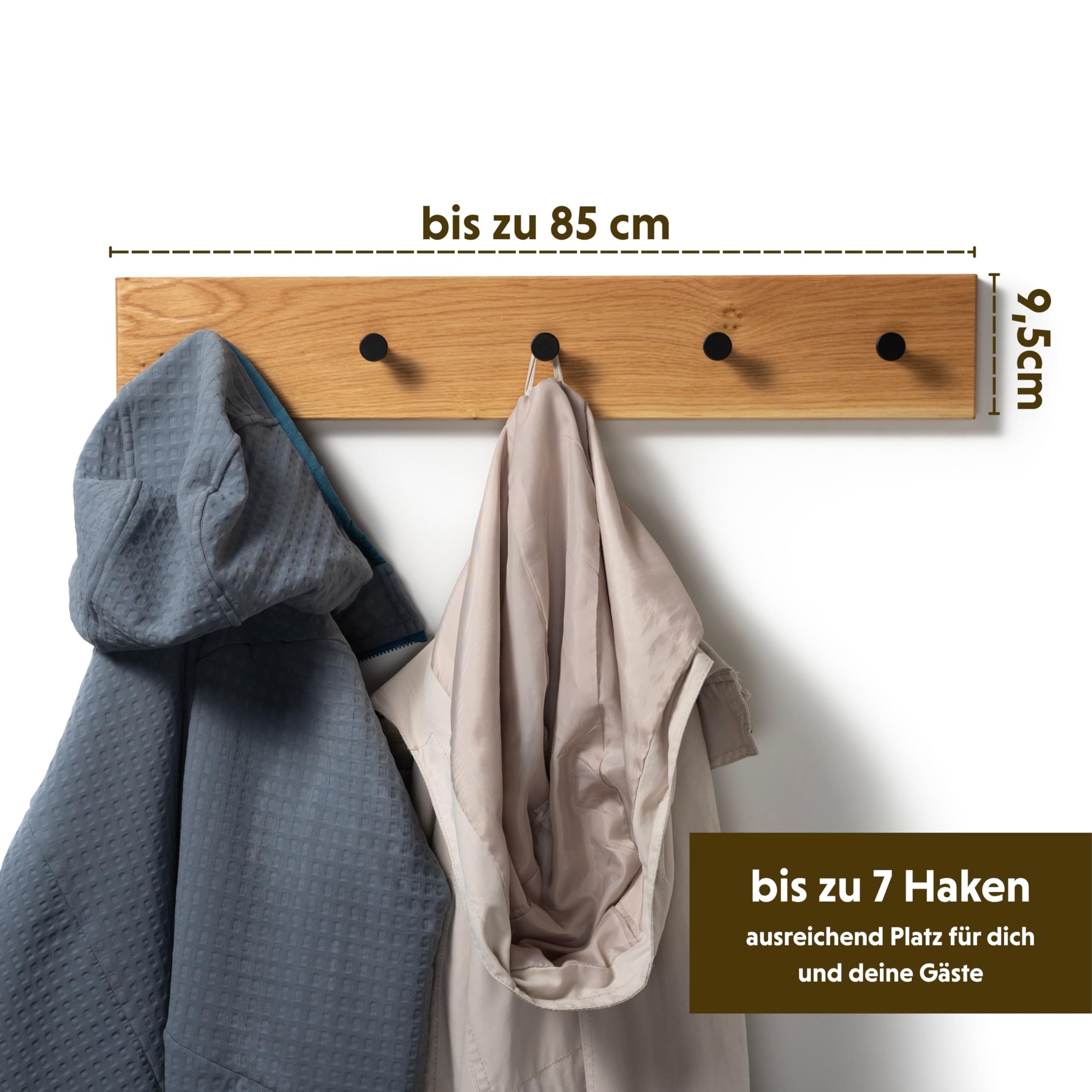 WOODS Hakenleiste Garderobe Holz massiv I Garderobenleiste Landhaus I moderne Wandgarderobe aus Holz handgefertigt in Bayern I Handtuchhalter Garderobenpaneel (70cm (6 Haken), Eiche, schwarze Haken)