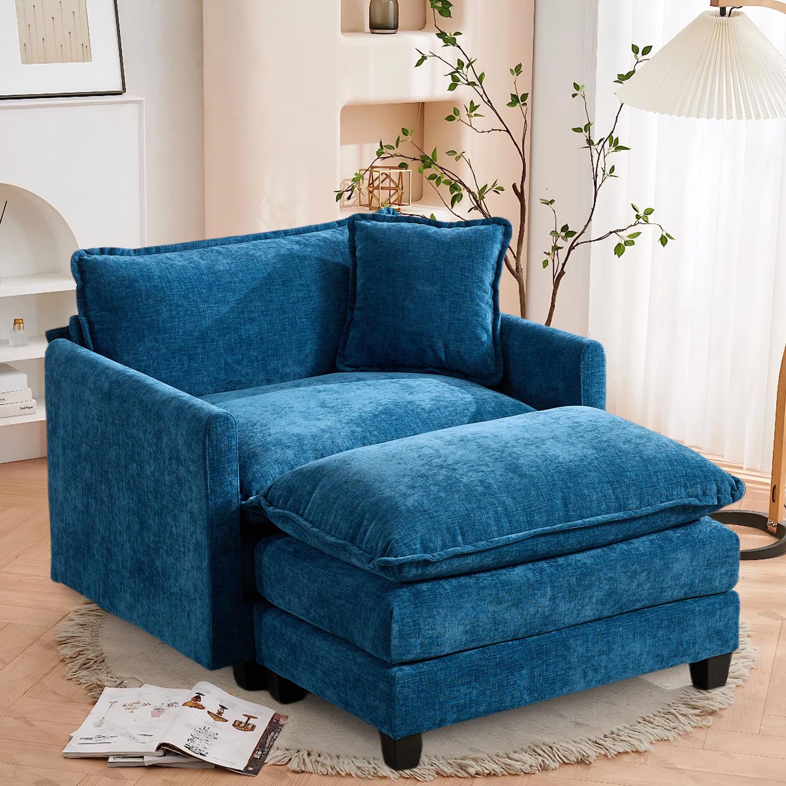 Comfy Chenille Modular Single Sofa with Ottoman, 1Seat+1Ottoman,Blue | Randomly Assemble Modular Sofa Sets, Modern Recliner Deep Seat Sofa Set for