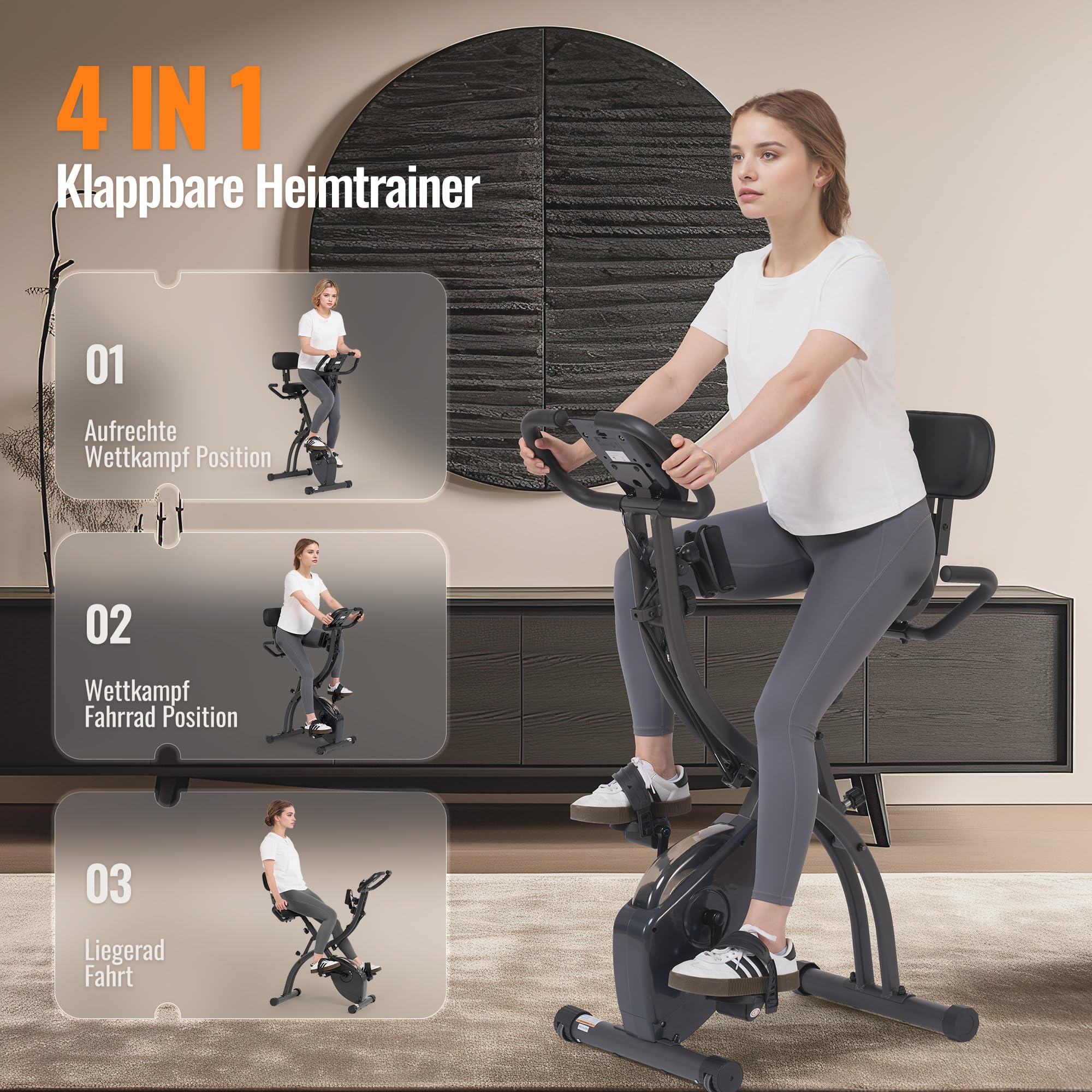 Cyclette pieghevole con resistenza magnetica regolabile a 16 livelli, fasce di resistenza per le braccia, display LCD, schienale, sella ampia, capacità di carico fino a 136 kg