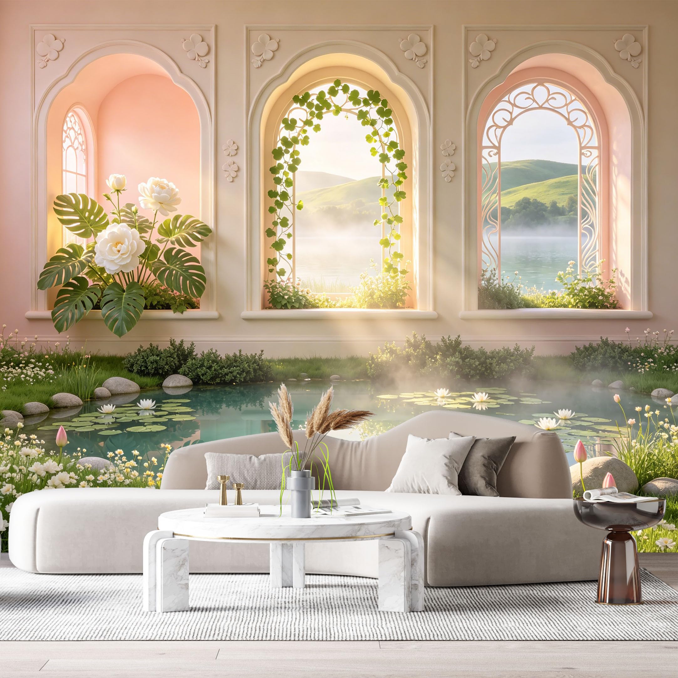 Custom Size Wall Murals Arch Window Botanical Lake Landscape 3D Trompe L'Oeil SelfAdhesive Wall Fabric Removable Large Wallpaper for Photo Living Room Interior Decor