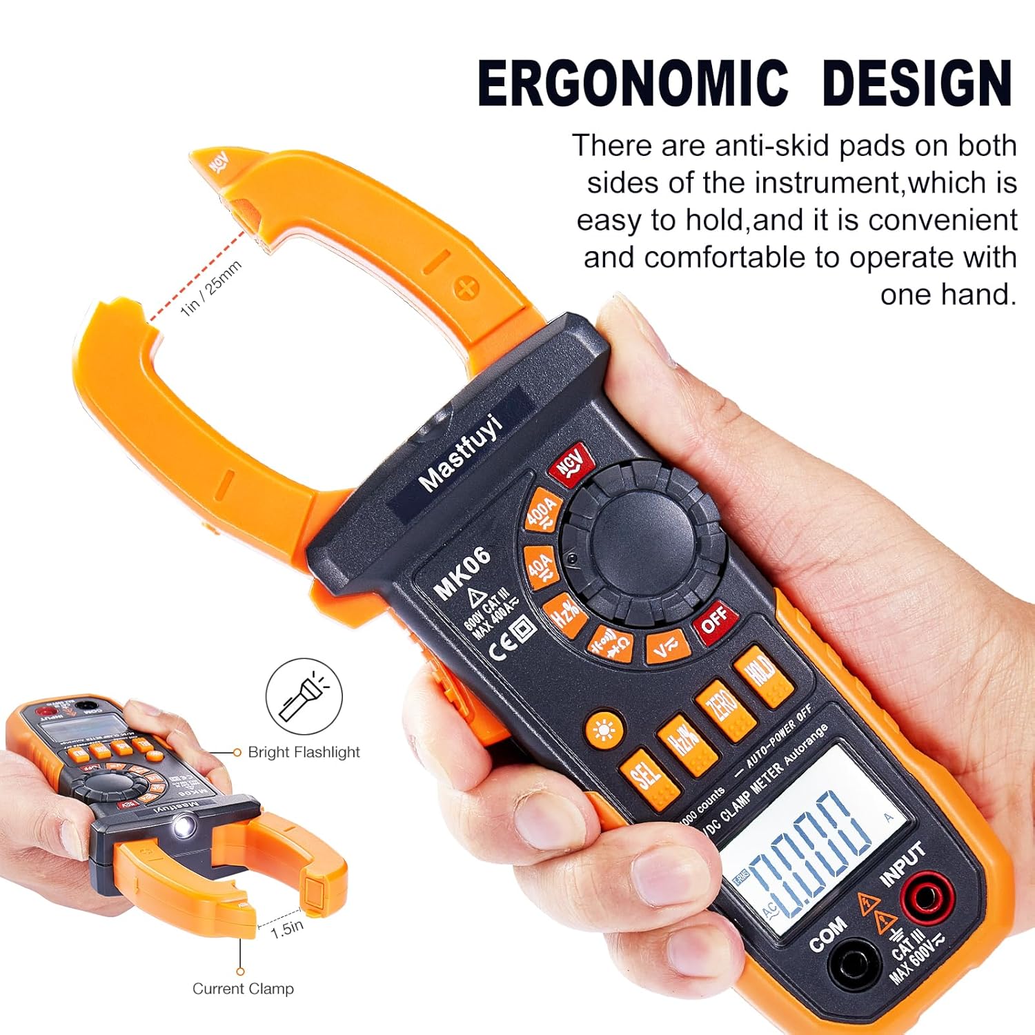 Mastfuyi MK06 Digital Clamp Meter showing Data Hold and Backlight functions.
