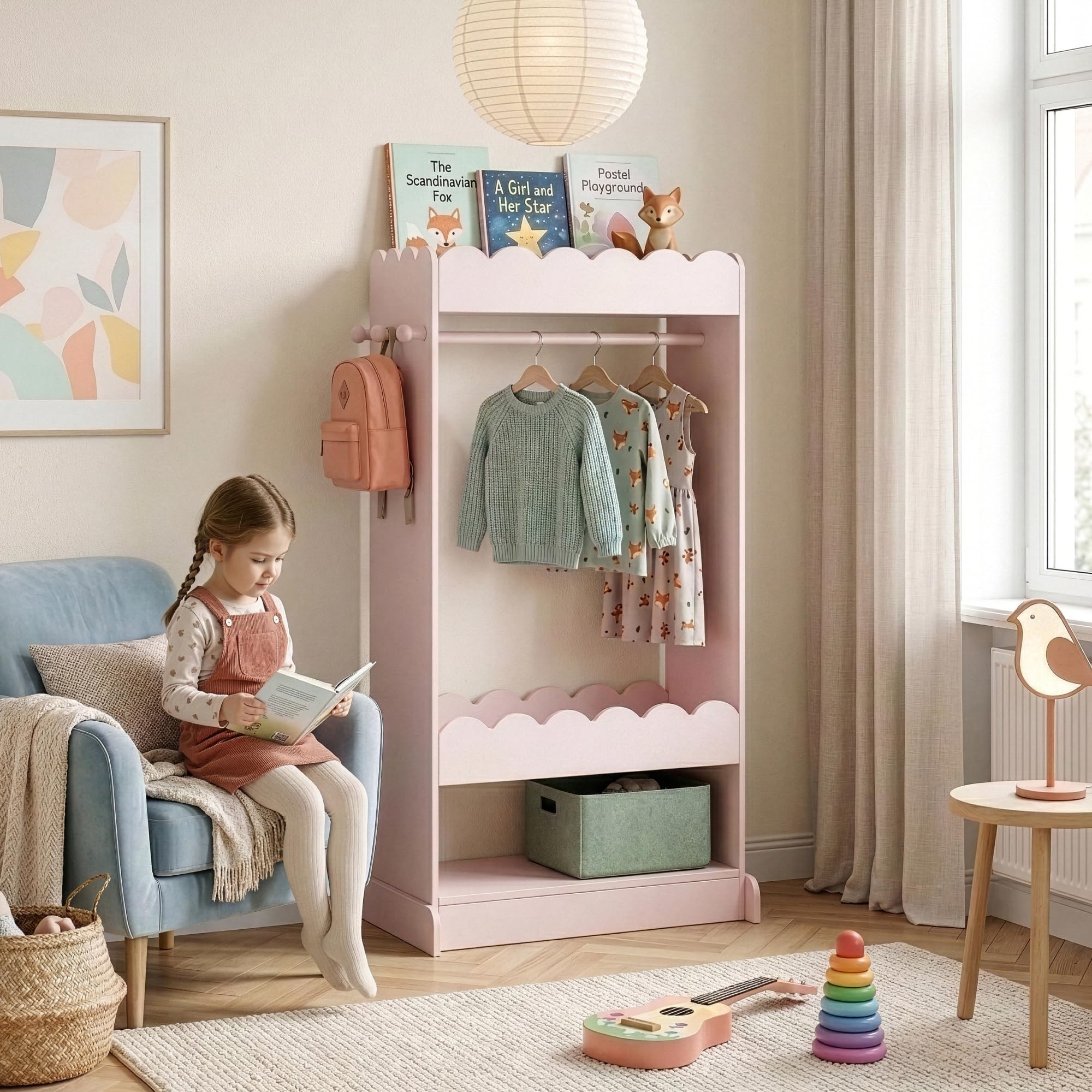 [en.casa] Vestnes wieszak na ubrania dla dzieci z lustrem i drążkiem na ubrania 120 x 63 x 38 cm, wieszak na ubrania z 3 haczykami, wzór falisty Cotton Candy