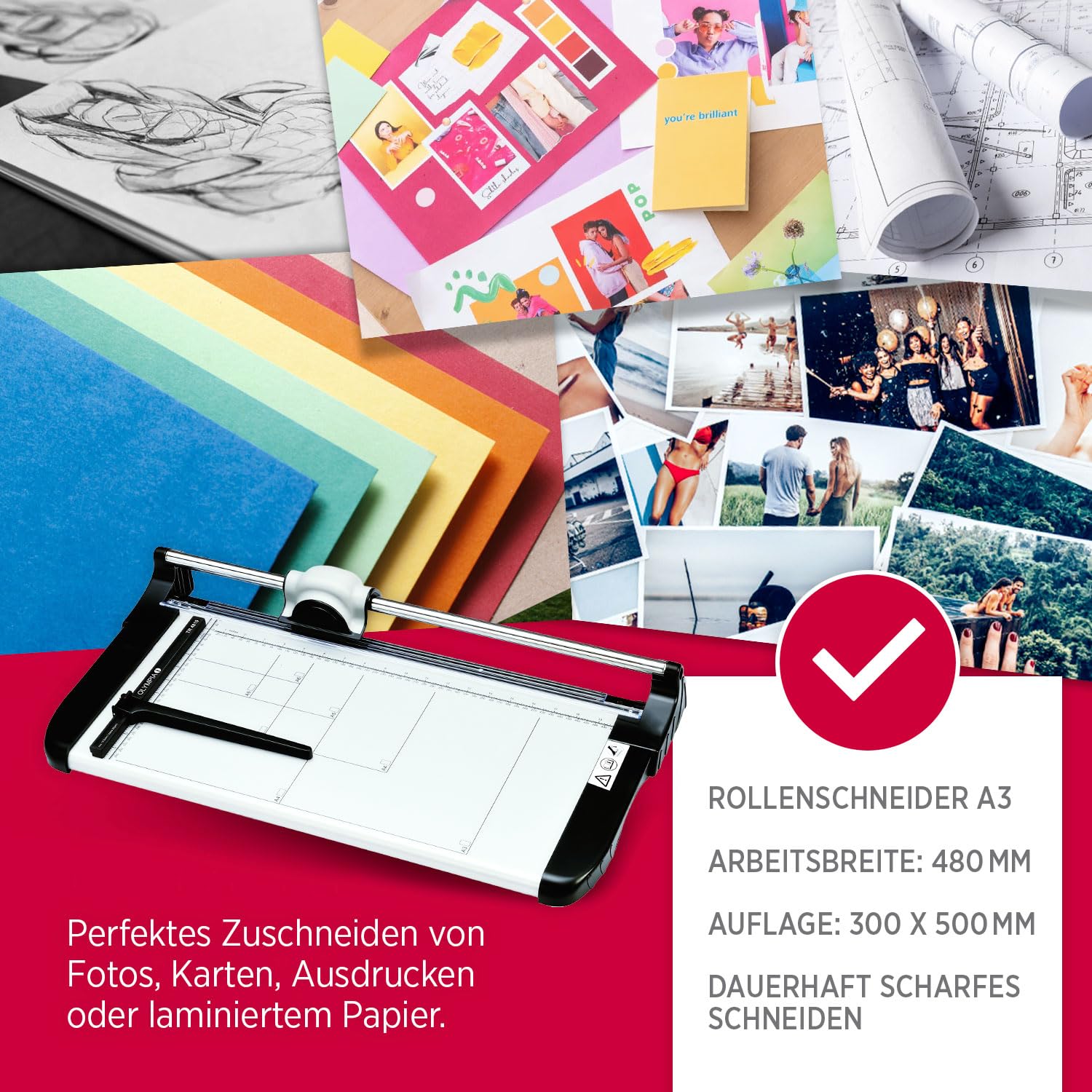Olympia TR 4815 Profi Rollenschneidegerät | Papierschneider A3 | 15 Blätter | Schneidemaschine Papier | 480mm Arbeitsbreite | Sicherheitsschneidekopf mit Rundmesser | Papierschneidemaschine | Silber