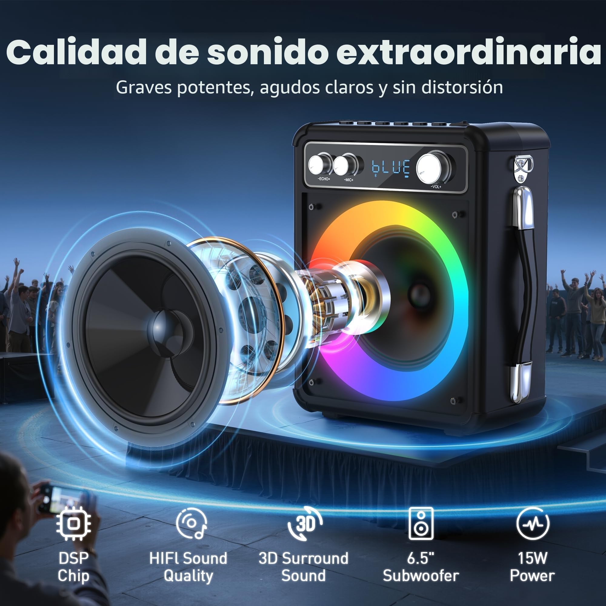 Ankuka Karaoke, Karaoke 2 Microfonos Inalambricos, 15W Sistema PA para Adultos y Niños con Luces LED, Soporta TWS/Rec/FM/AUX/USB/TF para Fiesta en Casa