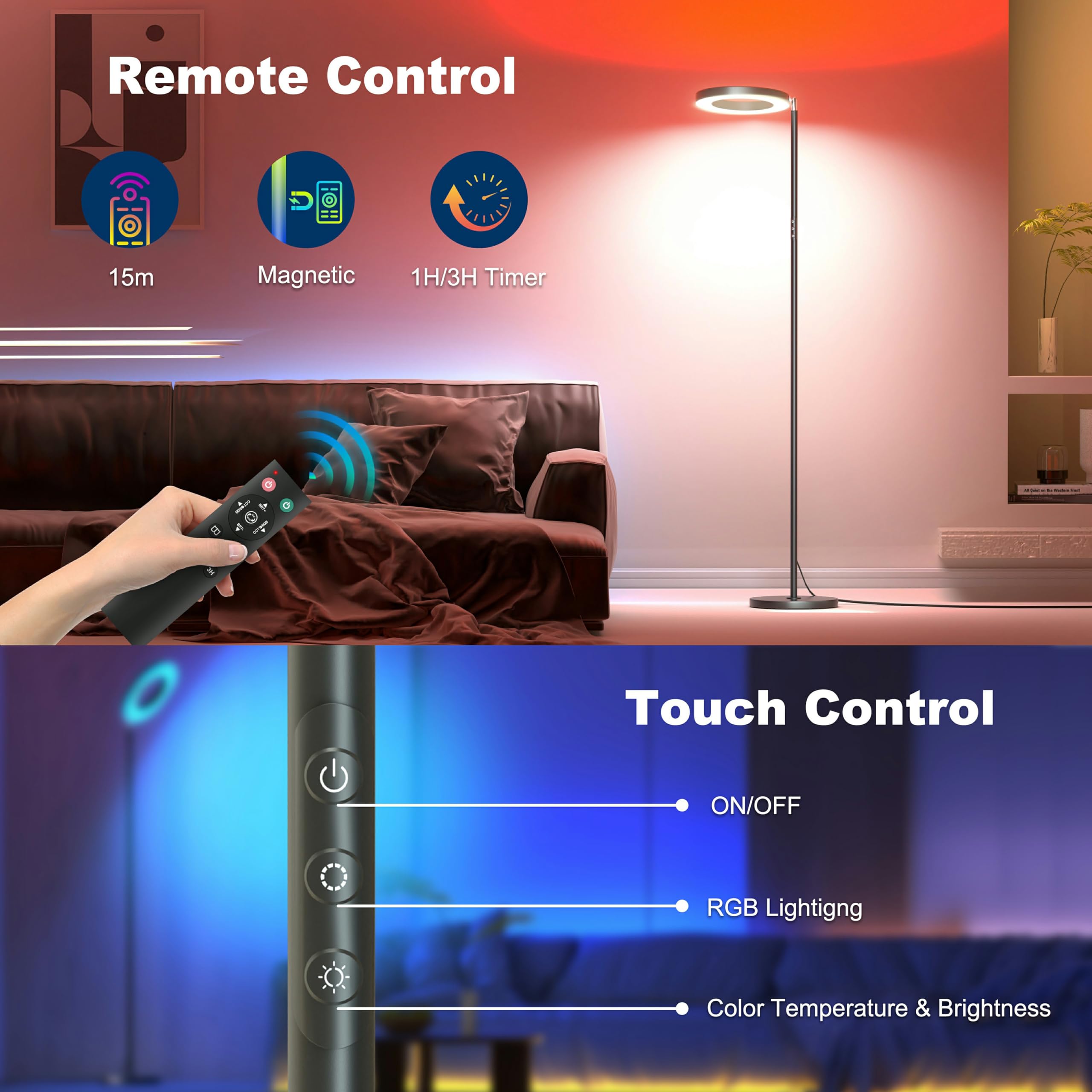 Lampa podłogowa RGB LED, 42 W możliwość ściemniania i zmiany kolorów 2700K-6500K, pilot zdalnego sterowania, sterowanie dotykowe i timer, wysoka lampa podłogowa do salonu, sypialni, biura