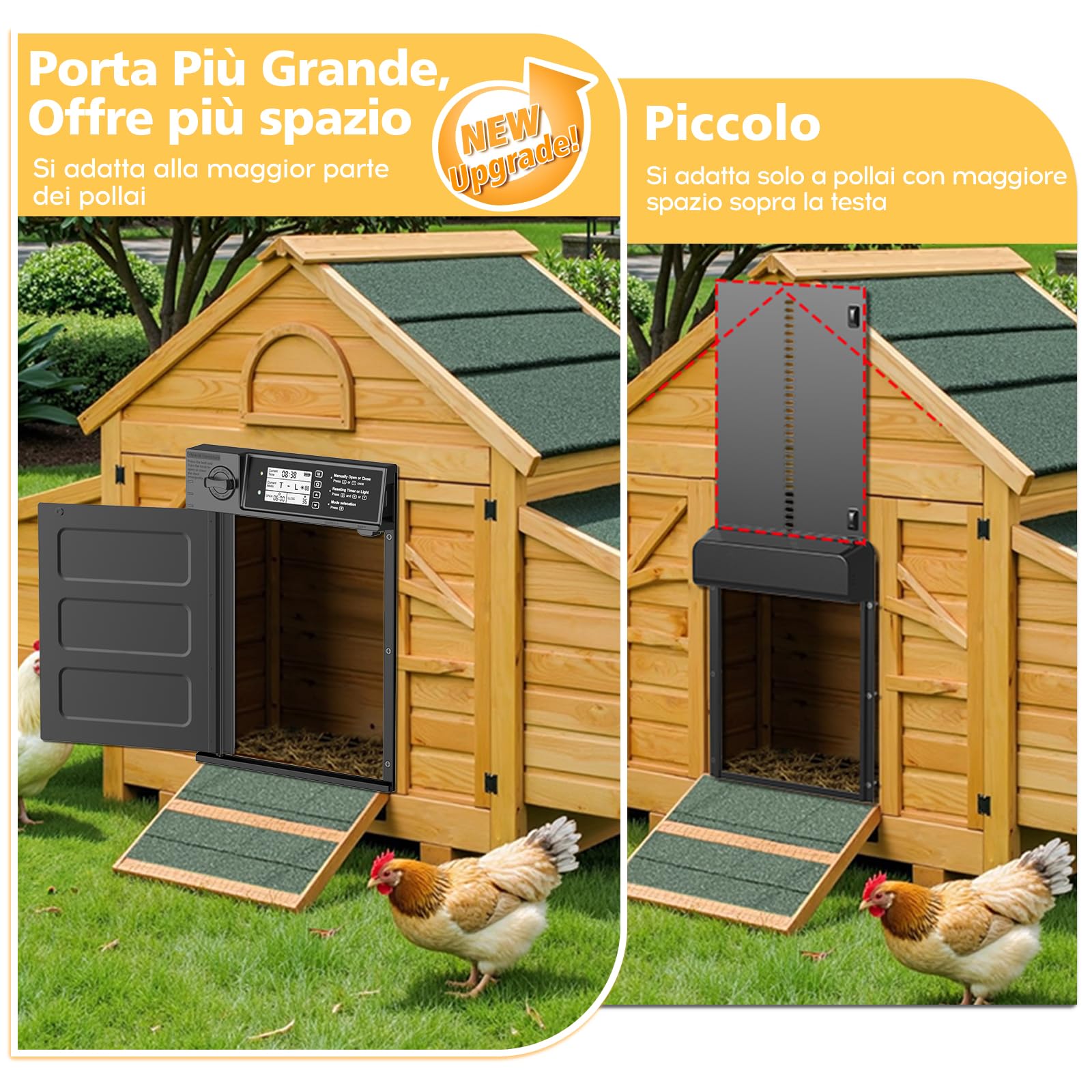 Grande Dimensione Apriporta Automatico per Polli Solare, Apriporta per Polli in Alluminio Apertura Laterale Automatica, Porta Elettrica per Polli con Pannello Solare da 7W, Display LED