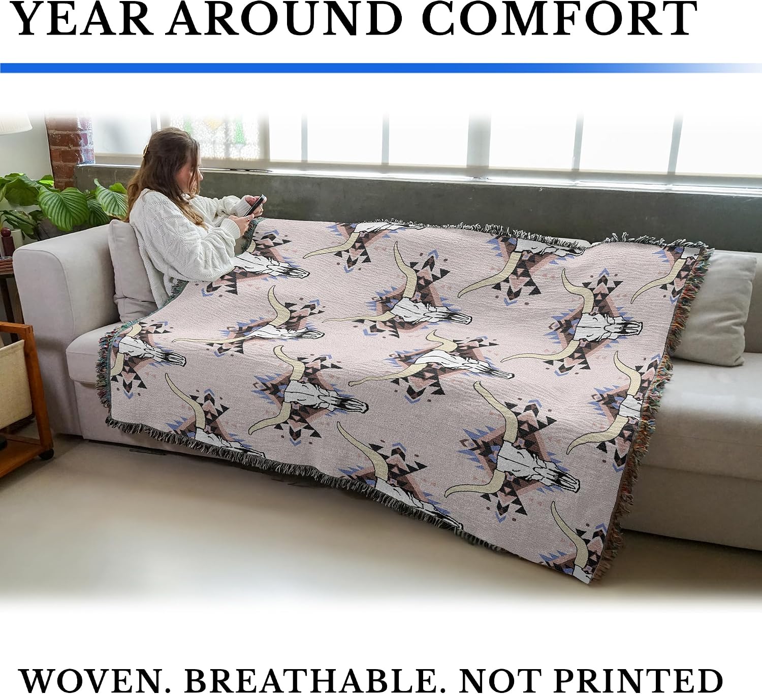 Pure Country Weavers Western Skulls Wild Horses - Tapestry Throw Blanket Woven from Cotton - Made in The USA (72x54)