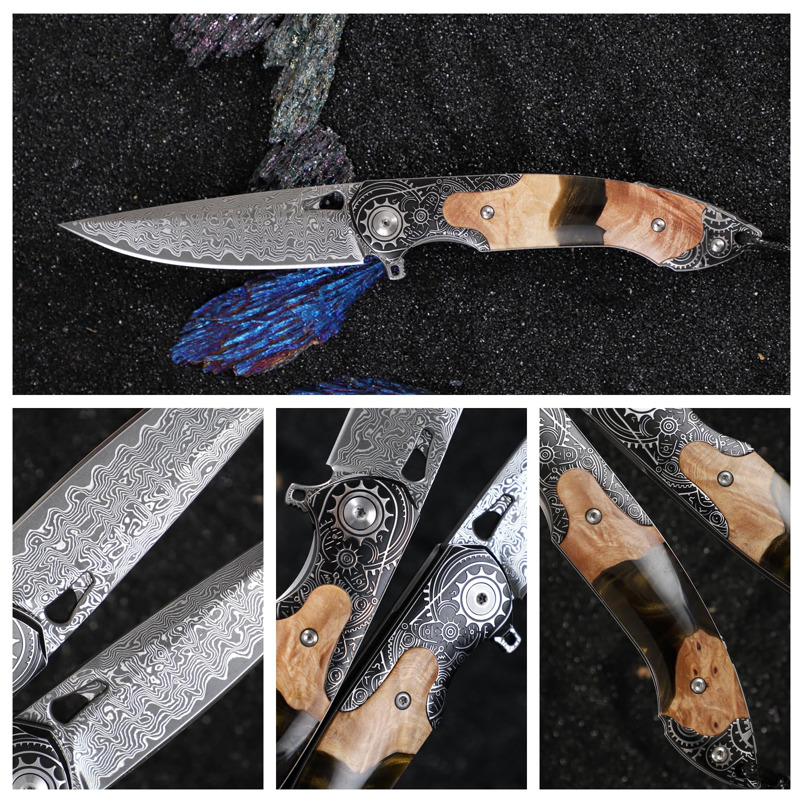 Handgefertigt Damaszener Stahl Taschenmesser, 3,5 „ Klingen Männer und Frauen Klappmesser, mit Lederscheide, Harz und Ahorn Griff, geeignet für Outdoor EDC tragen, Camping Abenteuer Jagd