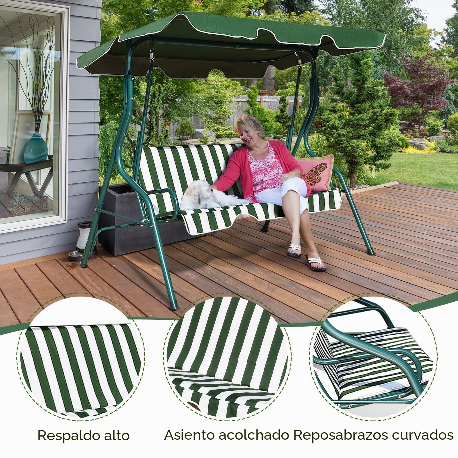 FANTASK Balancín con toldo Ajustable, Columpio de jardín de 3 plazas, para jardín, terraza y Patio Trasero, 172 x 110 x 154 cm, Color Verde y Blanco