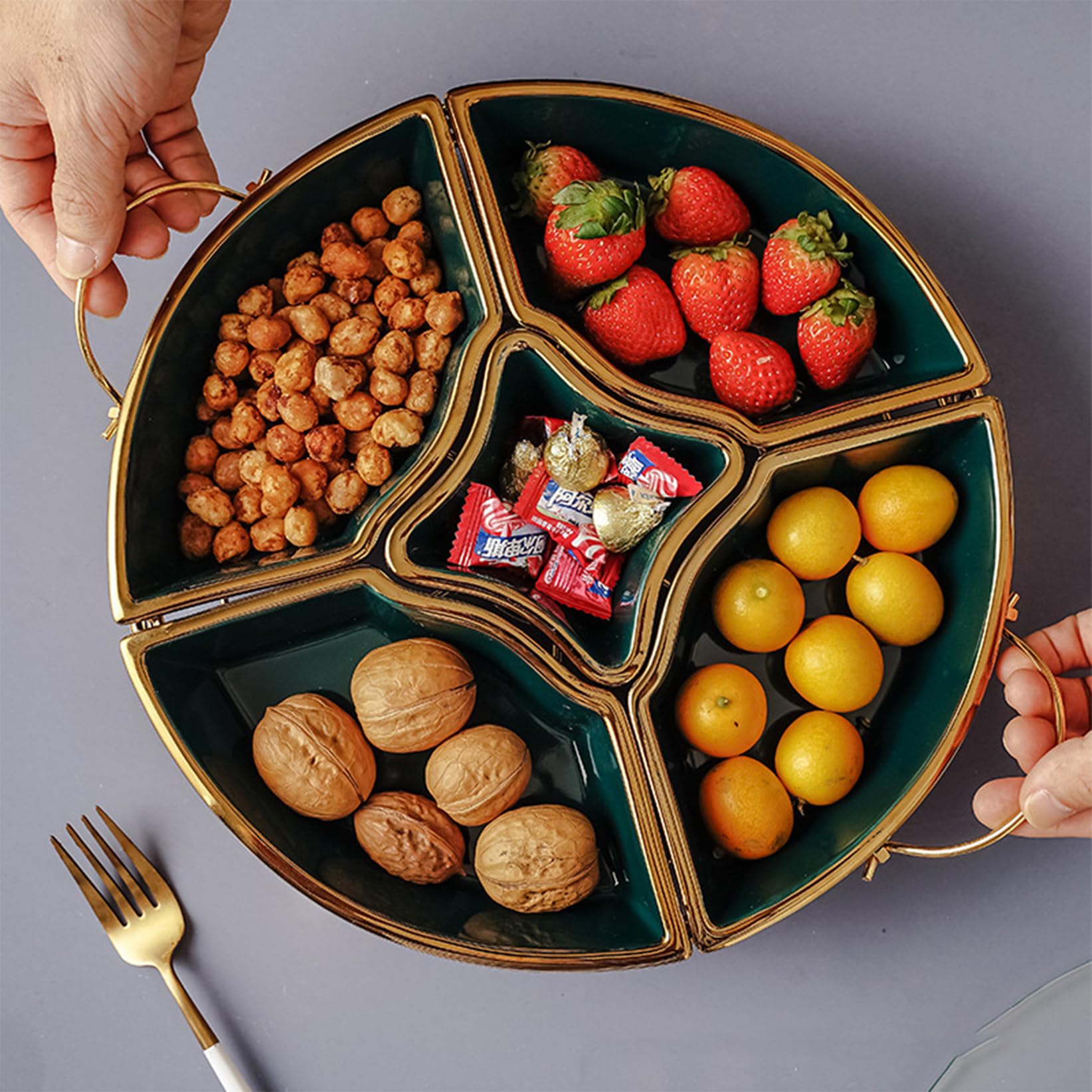 Geteilte Servierschale Mit Deckel, Vorspeisenschale Mit 5 Abnehmbarem Fach, Süßigkeiten- Und Nussporzellan -Teilen -Servierplatten, Snackschalen Für Pommes Und Dip, Green-S