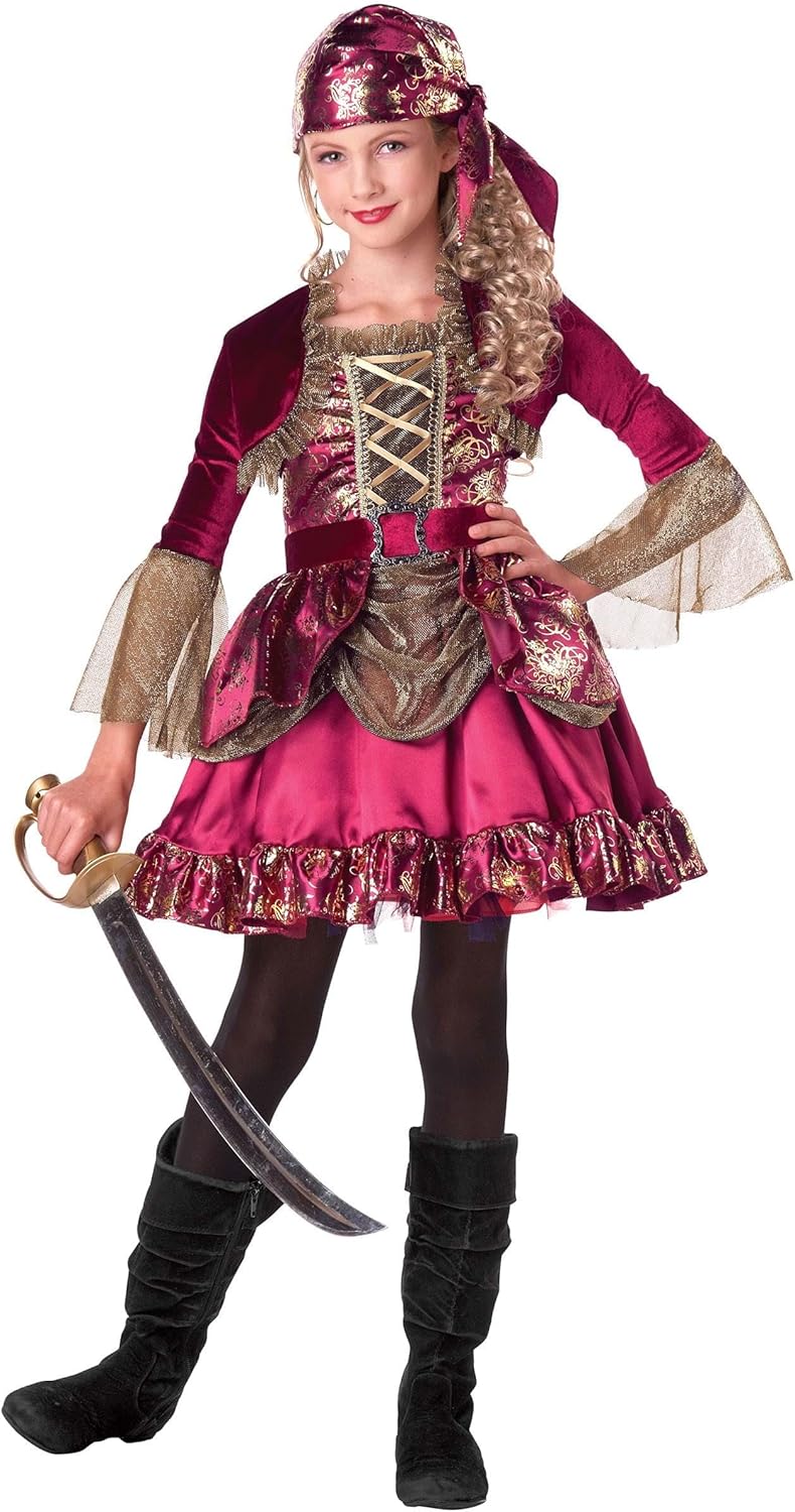 Girl's First Mate Pirate Costume Dress - Satin Dress with Metallic Floral Print, Velour Belt, Shrug & Scarf - Image 2