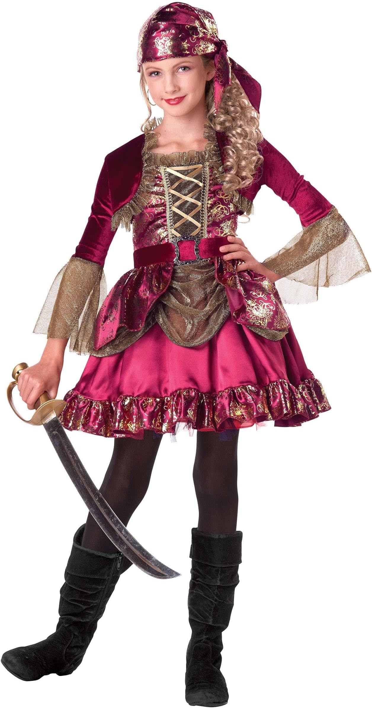 Girl's First Mate Pirate Costume Dress - Satin Dress with Metallic Floral Print, Velour Belt, Shrug & Scarf