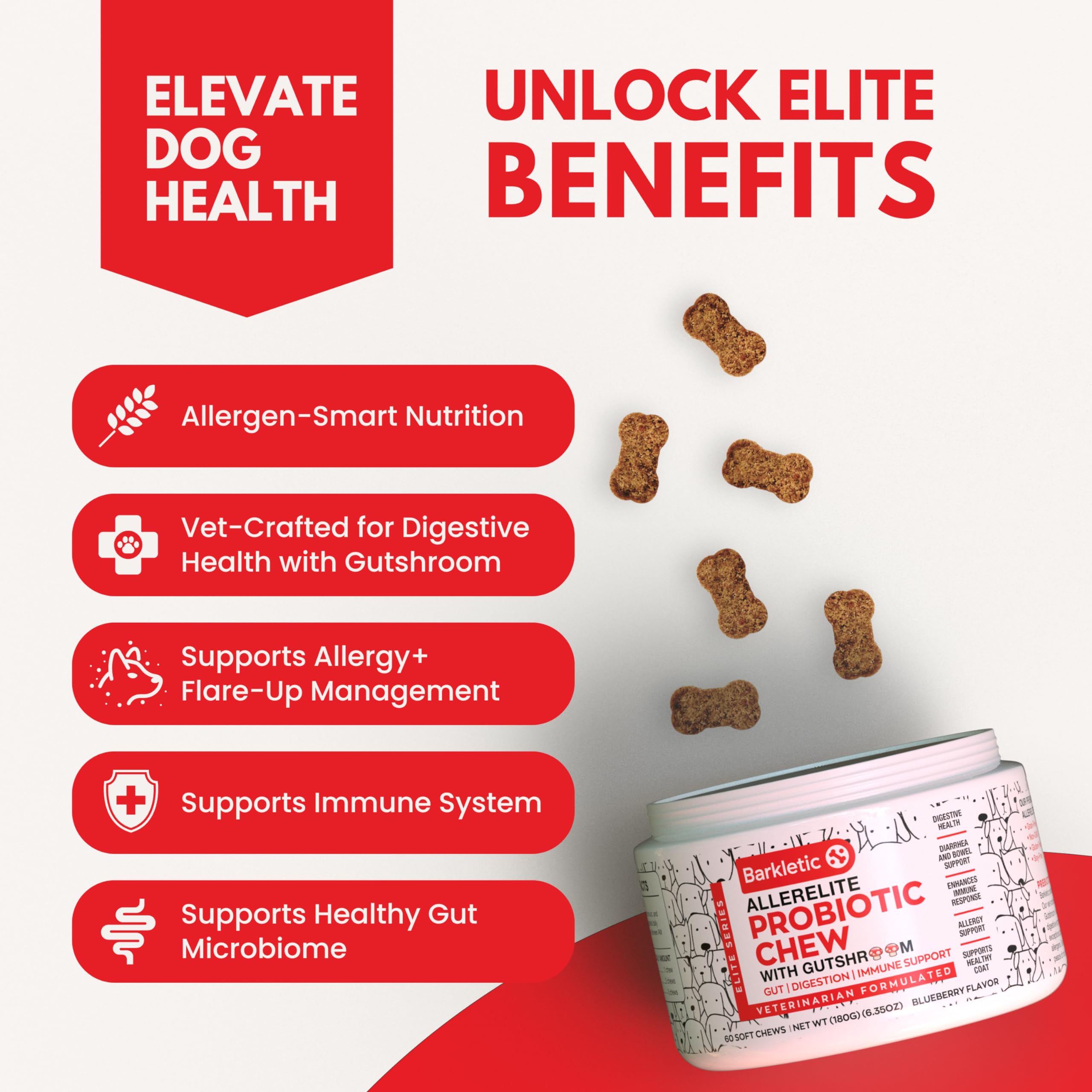 Barkletic Dog Probiotics – Vet-Formulated Soft Chews for Gut, Immune & Skin Support, Allergen-Smart, Clean Ingredients | 60 Chews