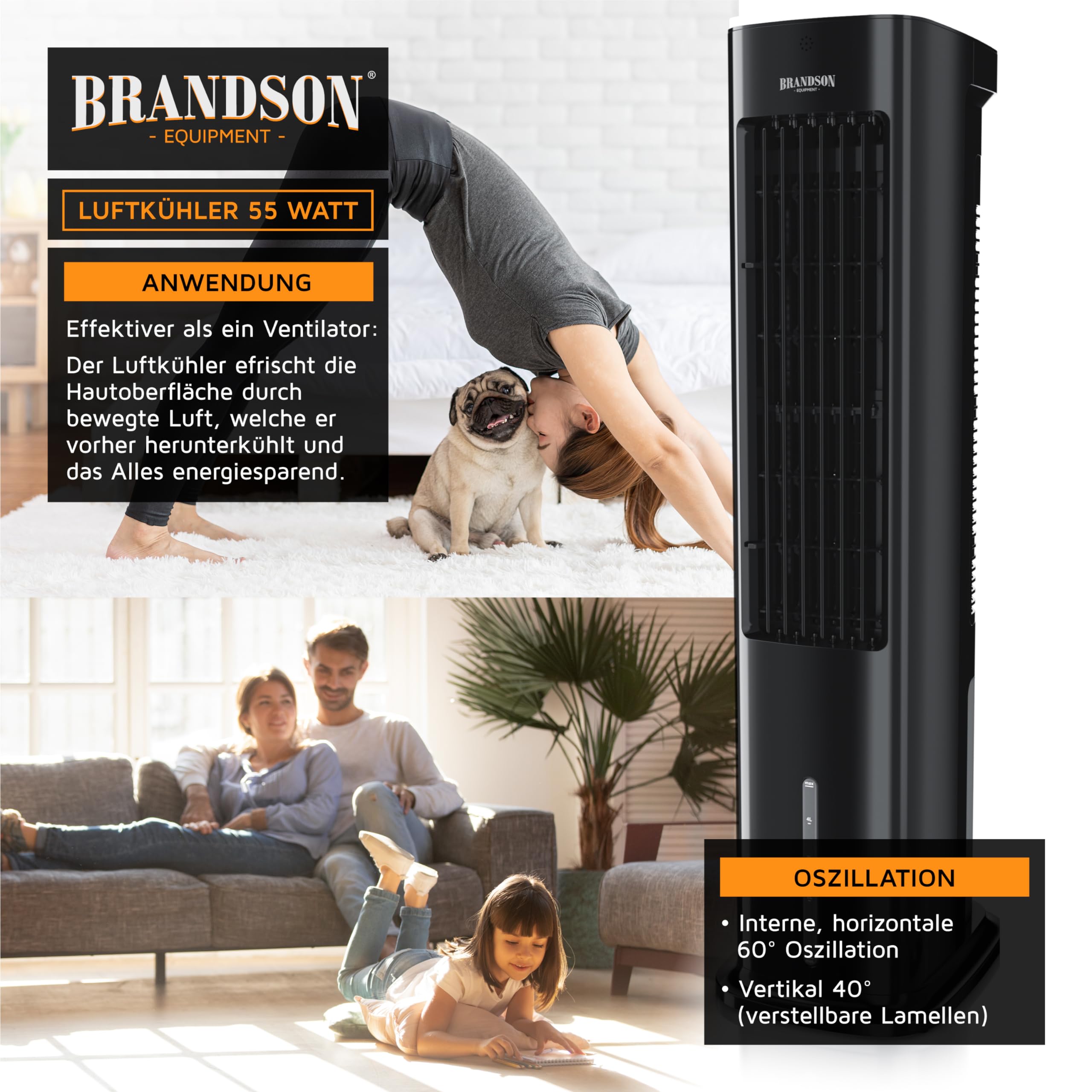 Brandson - Turmventilator mit Wasserkühlung - Sieger Ventilatoren und Luftkühler 2026-4 in 1 - Verdunstungskühler - Luftkühler - Ventilator - ohne Abluftschlauch- sehr leise
