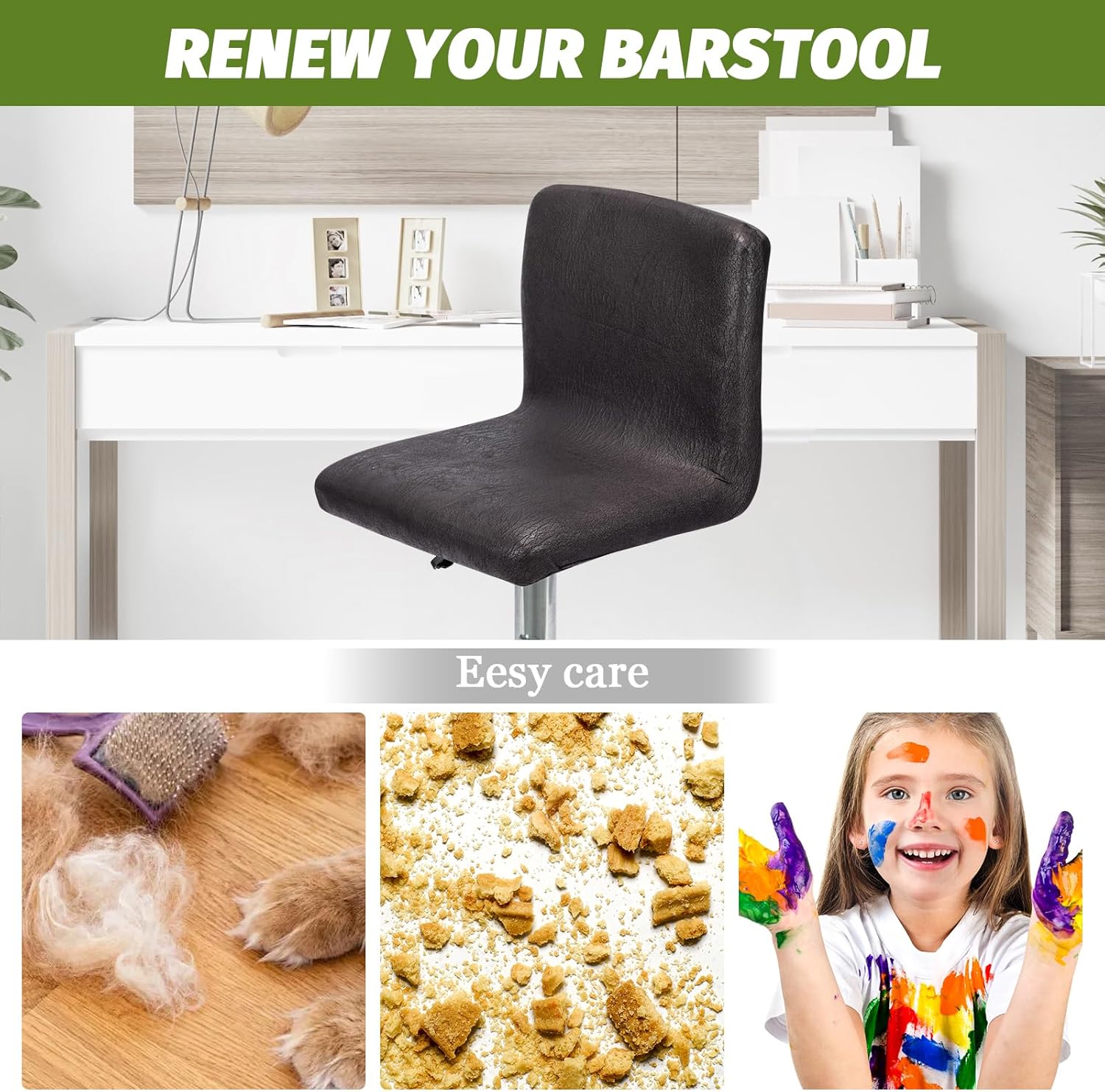 FUANGUI Bar Stool Covers Set of 4, Faux Leather Looking Stretch Bar Stool Chair Cover Slipcovers, Counter Stool Bar Chair Covers for Kitchen Pub Dining Room Retro Style Home Deco- Black