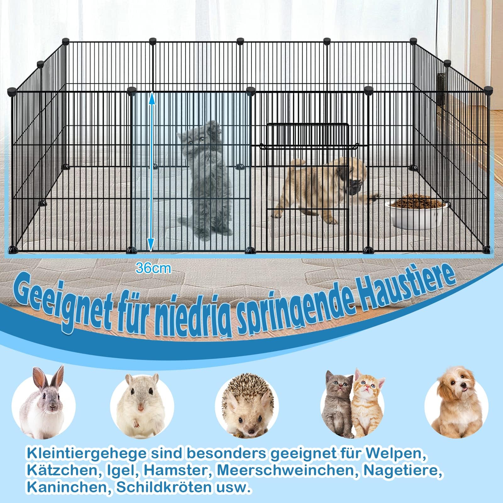 LZQ Freilaufgehege, Freigehege für Kaninchen, Meerschweinchen Käfig, Kleintiergehege mit Tür, Gehege für Kleintiere, Hasen, Frettchen, Igel, Welpen, Kätzchen, Dichtes Netz 12 PCS,142 x 72 x 36 cm