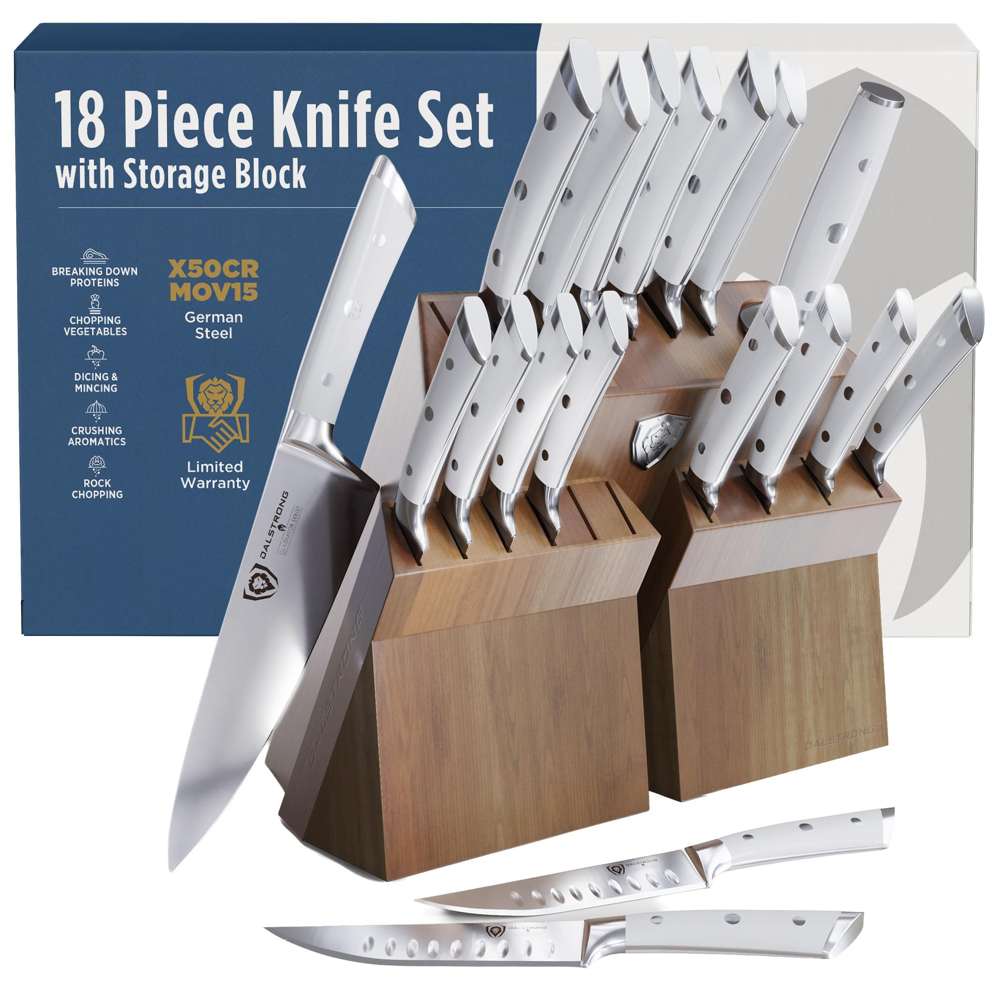 Dalstrong 18-Piece Kitchen Knife Set Block - High Carbon German Steel Full Tang - Acacia Wood Knife Block Set - White Handles ABS Gladiator Series - Professional NSF Knives set for Kitchen Cuchillos