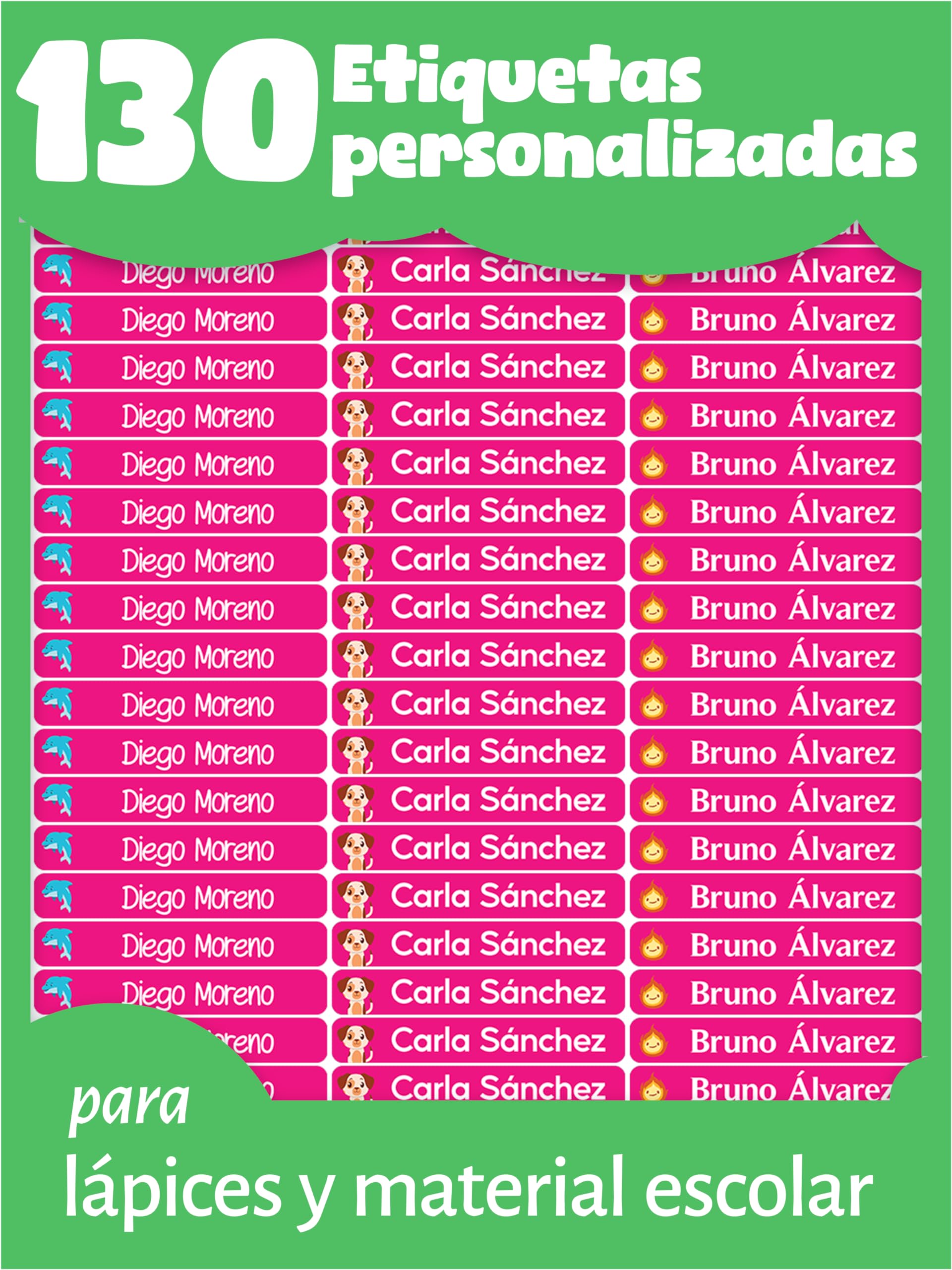 LabelTiger® Pegatinas Personalizadas para marcar lápices y bolígrafos - 130 Unidades, Autoadhesivas y Resistentes al Agua, para Niños en la Escuela y la Guardería - Rosa