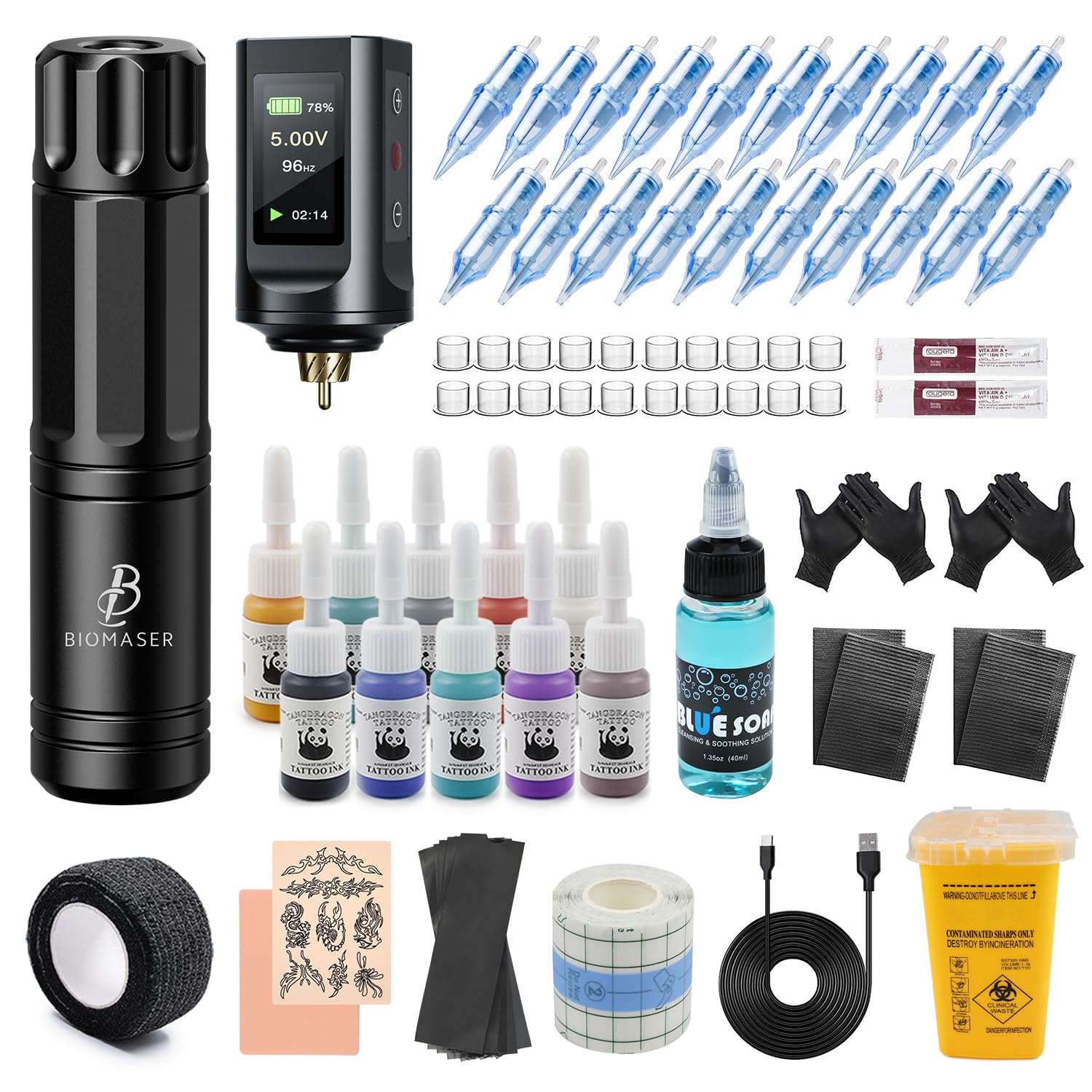 Biomaser Juego de máquina inalámbrica con batería de 1900 mAh, máquina de bolígrafo rotativo inalámbrico, 20 cartuchos, 10 botellas de tinta, accesorios completos para principiantes y artistas