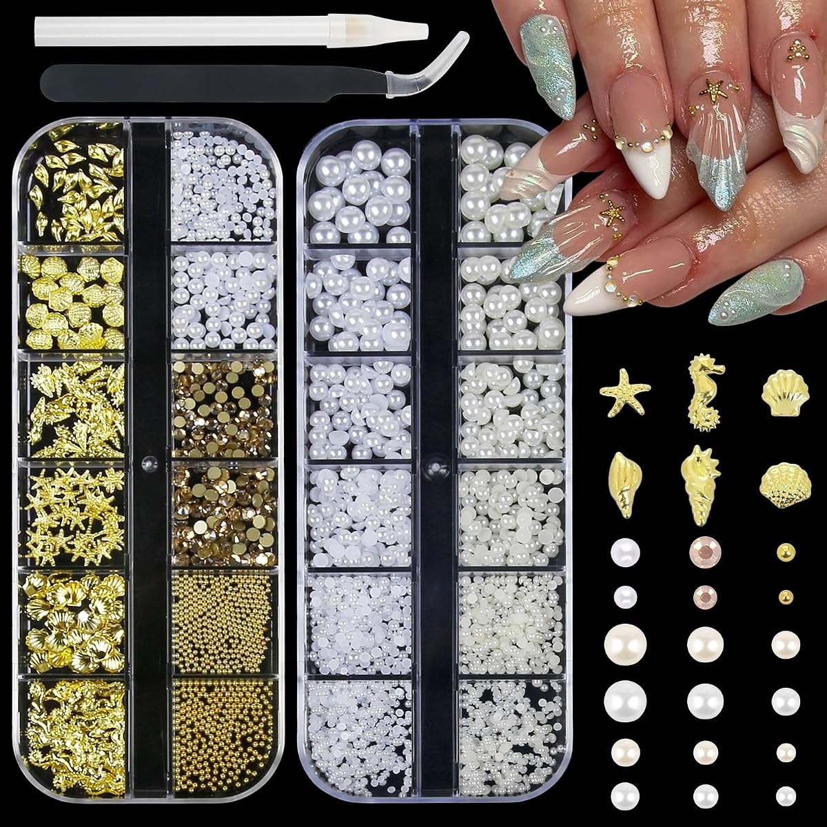 2 Boxes of Metal Ocean Starfish Nail Charms and 3D Pearl Nail Gems - Gold Seashell Nail Charms and Pearls Nail Beads with Tweezers and Pickup Pen for DIY Manicure Nail Art Decorations