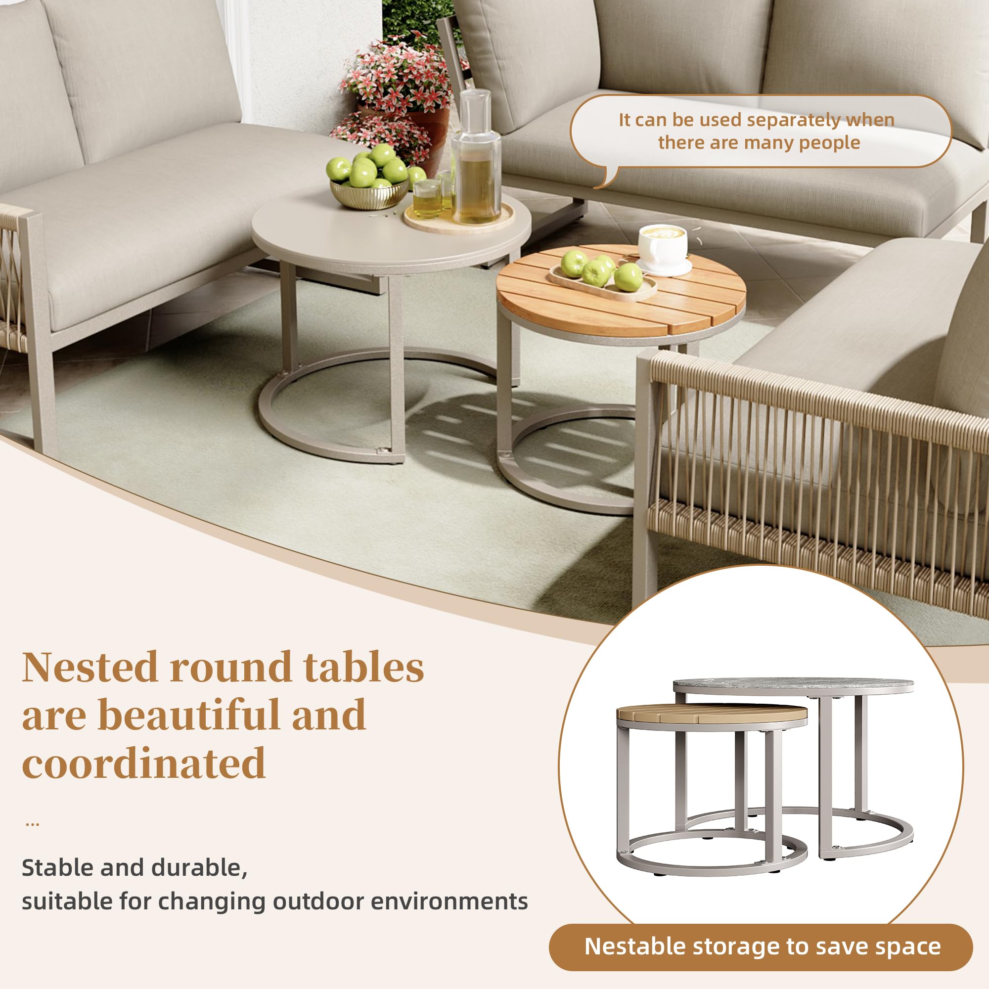 LAKFEW Conjunto Jardin Exterior de 5 Piezas con 2 Mesas y Patas Ajustables, Muebles Jardin Exterior Modular para 6-7 Personas, Sofa Exterior Esquinero con Cojín Cómodo (Beige)
