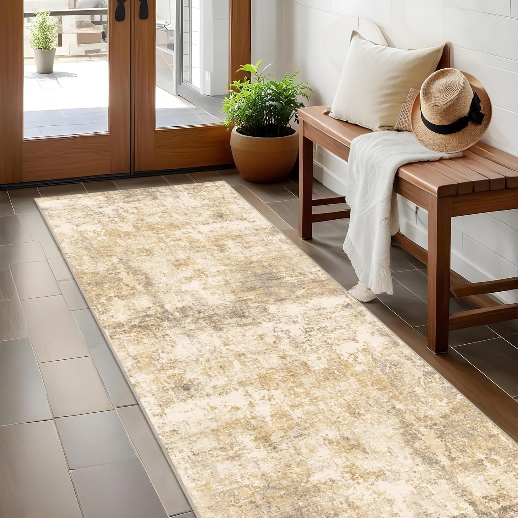 Photo 1 of DUIDY 9x12 Modern Abstract Rug Washable Area Rugs for Living Room Bedroom Dining Room Non-Slip Low Pile Neutral Large Rug Soft Indoor Floor Carpet, Gold