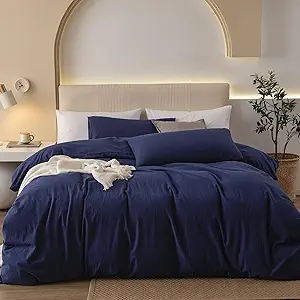 JIYUAN 100% Washed Cotton Duvet Cover Set 3 Pieces King, 1 Duvet Cover 104x90 Inches(Comforter Not Included) and 2 Pillowcases,Linen Feel Bedding Set Comfy and Breathable,Navy Blue