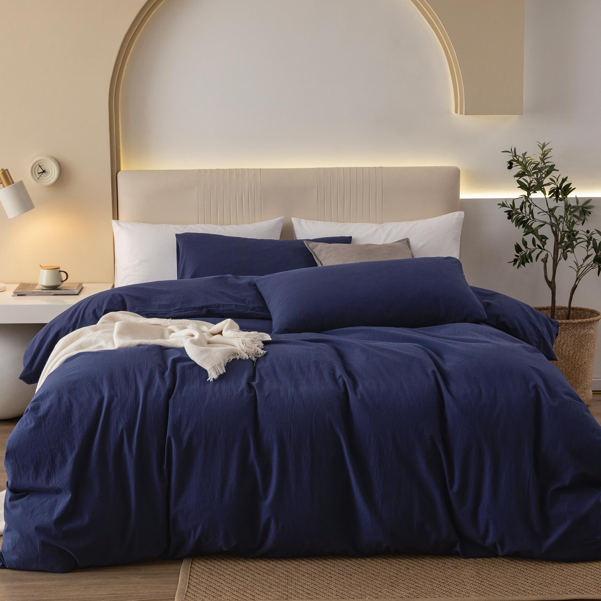 100% Washed Cotton Duvet Cover Set Comfy Simple Style Soft Breathable Textured Durable Linen Feel Bedding for All Seasons Twin/Twin XL, Solid Navy Blue