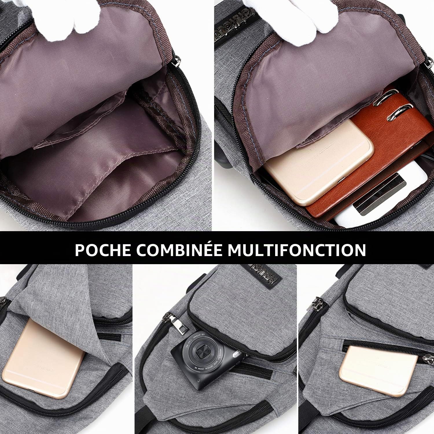 FANDARE Sac de Poitrine Unisexe Sac d'Epaule Sacoche Homme Femme avec USB Sac Bandoulière Imperméable Sling Bag pour Cyclisme,Aventure,Camping,Équitation,Chasse,Randonnée,Voyage Gris Noir