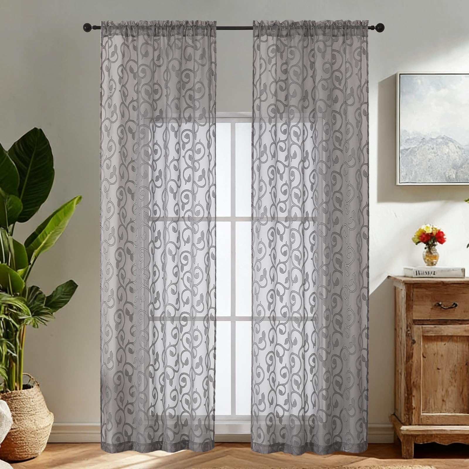 Simplebrand Charcoal Gray Sheer Voile Curtains with Embroidered Pattern, 2 Panels 140x229cm, Dual Rod Pocket Light Filtering Patio Door Curtains — image 1