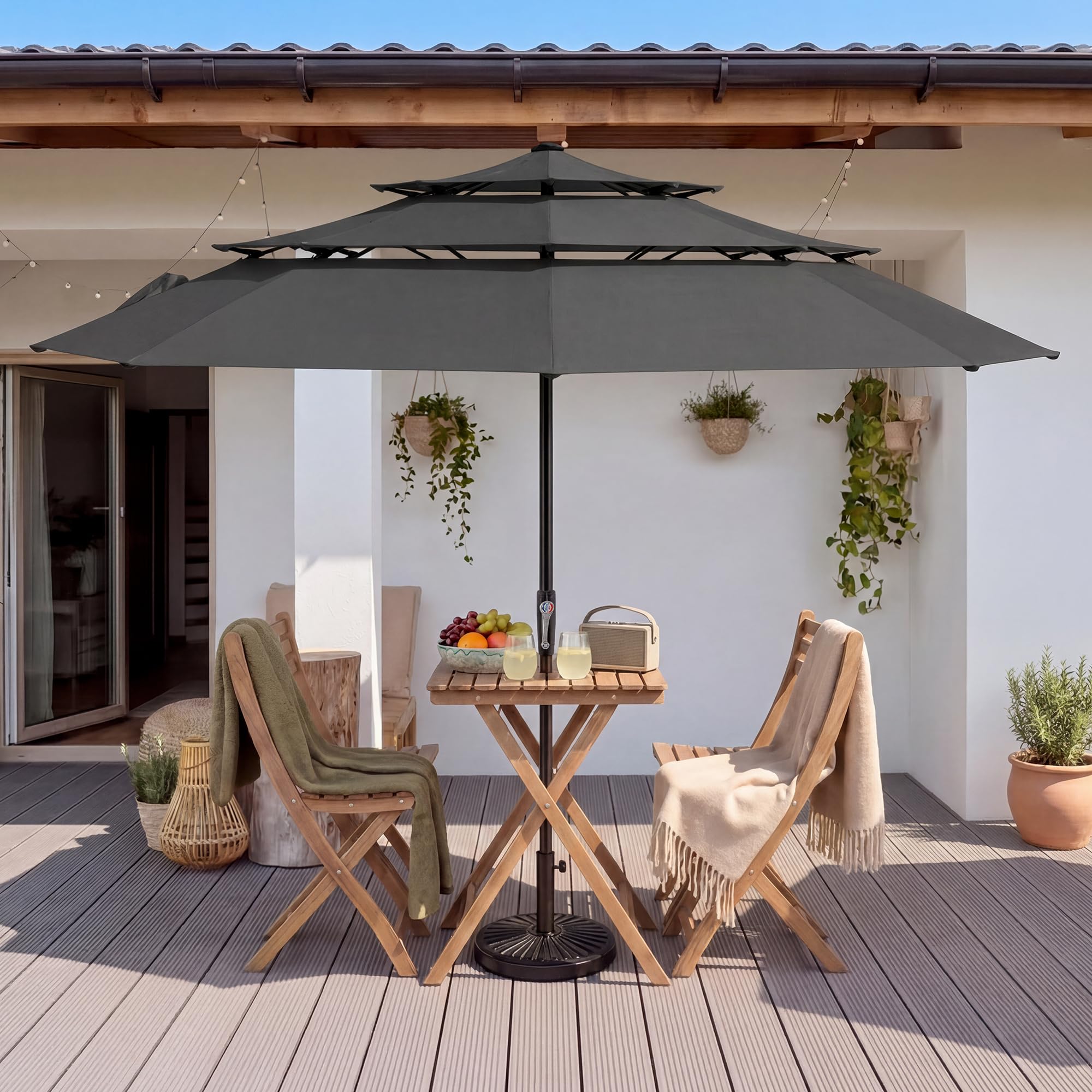 LUE BONA Sonnenschirm Ø300 cm,Sonnenschirm mit 3-Stufges Belüftetes Dach,Knickbar Marktschirm Windfest mit 8 Glasfaserstreben & Kurbel,UPF 50+ Terrassenschirm für 8 Personen,Anthrazit (Ohne Sockel)