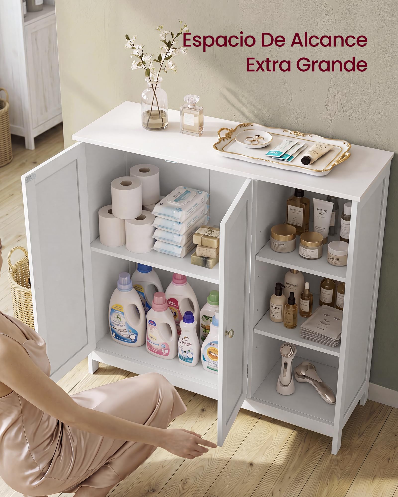 VASAGLE Mueble de Baño, Armario de Suelo de MDF con 2 Puertas y 3 Estantes Abiertos, Estantes Ajustables, 90 x 30 x 80 cm, para Baño, Salón, Blanco Nube, Colección Siren BBK070WB01