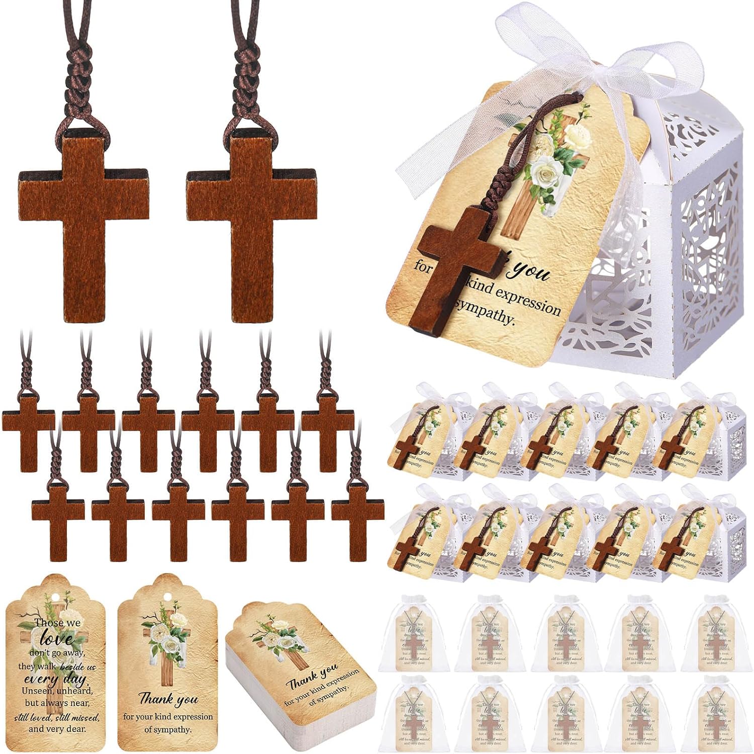 Misdary 60 Set Funeral Favors Set with 60 Wooden Cross Necklace, Celebration for Life Favors White Cross Boxes Organza Bags Sympathy Thank You Tags for Memorial Party Guest Return Funeral Gifts