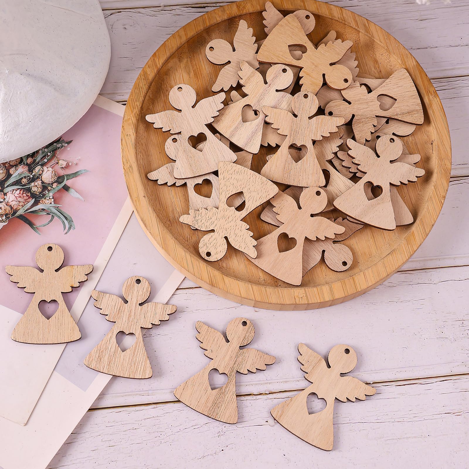 50 Ciondoli Angelo In Legno Con Cuore - Portafortuna Natalizio, Marrone - Foto 6