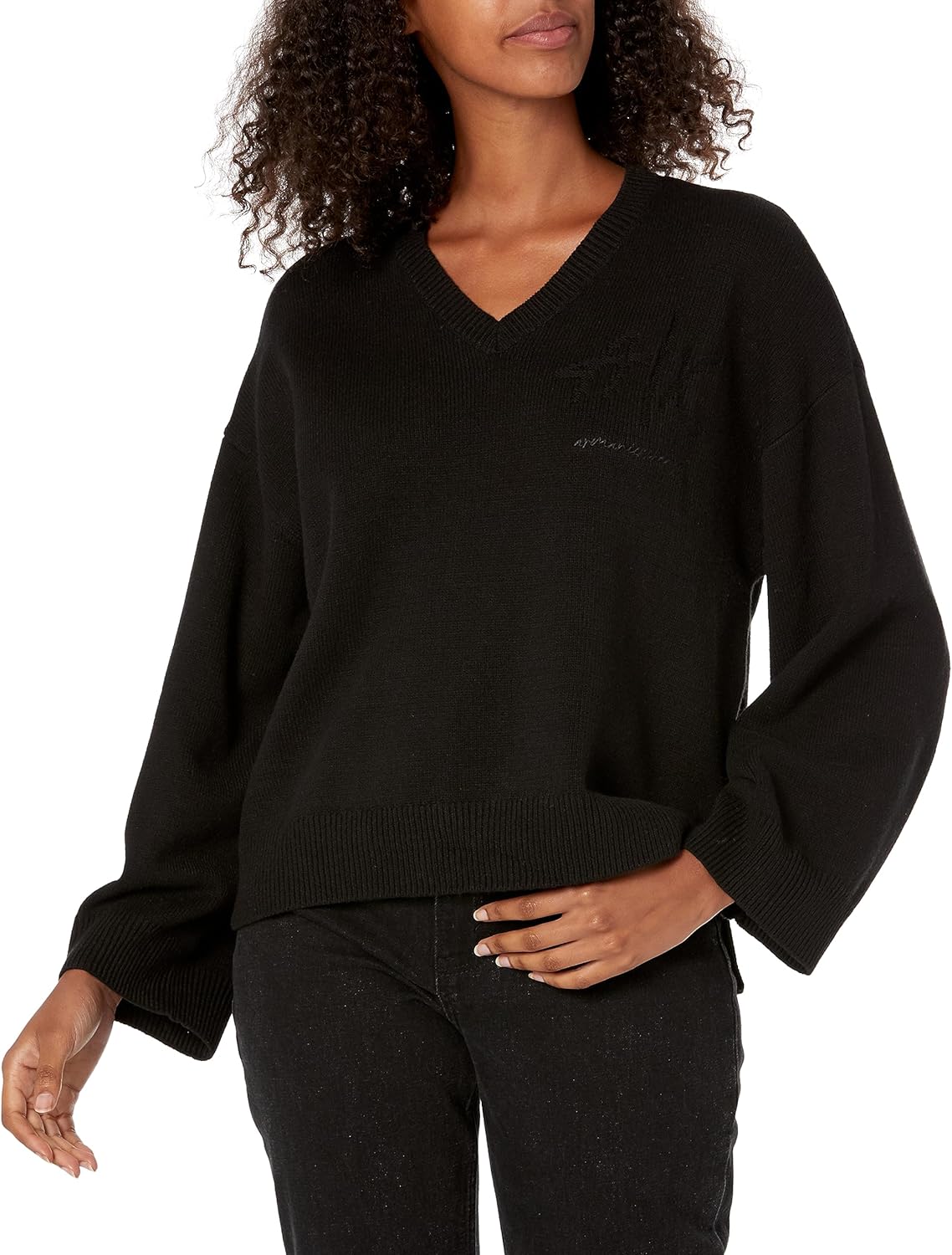 Armani Exchange Womens Knit V Neck Pullover Sweater with Balloon Sleeves