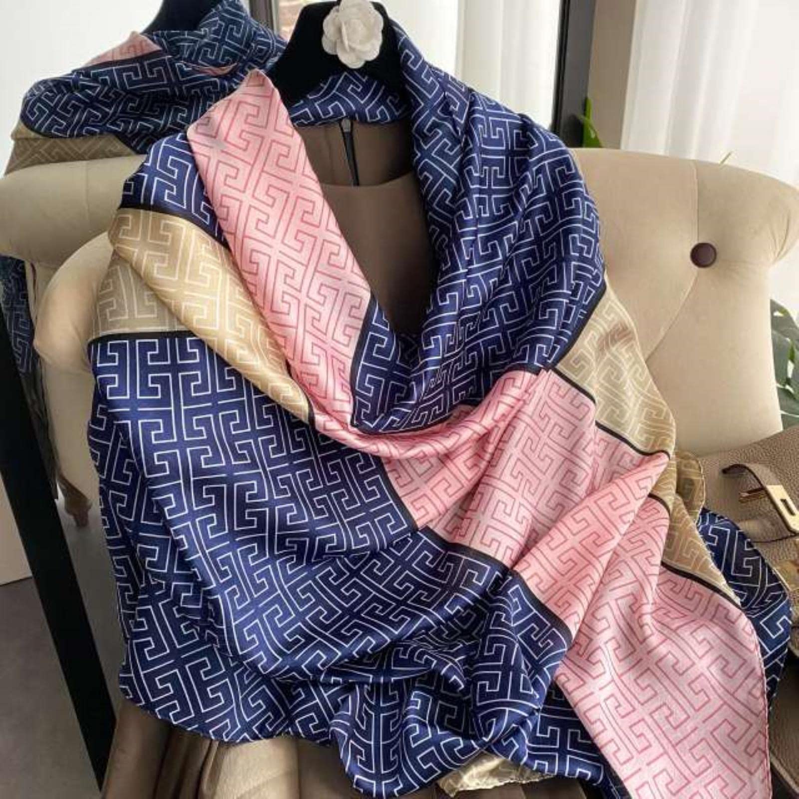Bufanda Mujer Bufanda Bufanda de Lujo Mujer Retro Impreso Seda Bufanda Bufandas Bufanda Larga Playa Envuelve Hijab Bandana (Azul A)