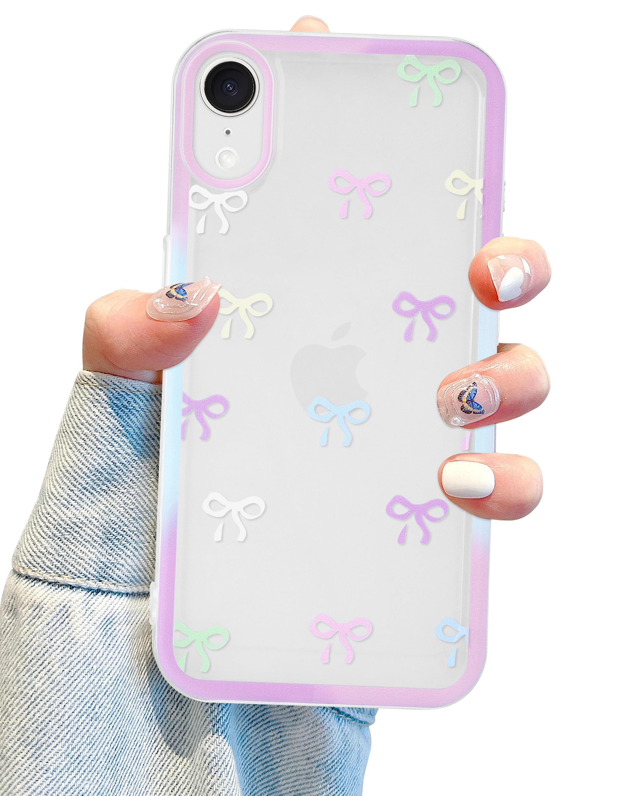 Jusy Compatible with iPhone XR Bow Phone Case Cute Clear Colorful Ribbon Bowknot Pattern Aesthetic Soft TPU Transparent