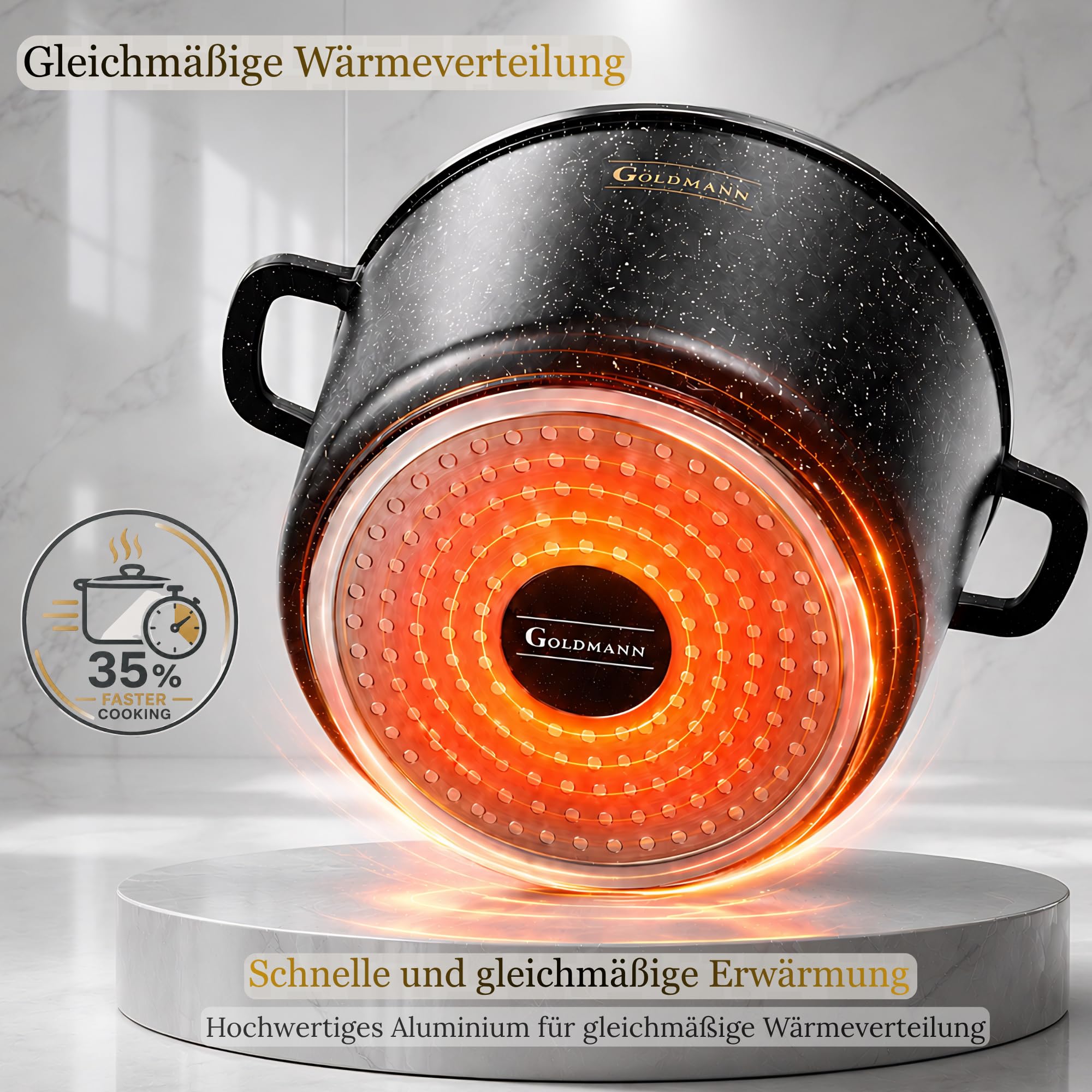 GOLDMANN Kochtopf Aluguss/Suppentopf, 28 cm, 10L, antihaftbeschichtete Keramik in Marmoroptik, Glasdeckel, geeignet für Induktion und alle Herdarten, ofenfest und PFOA-frei