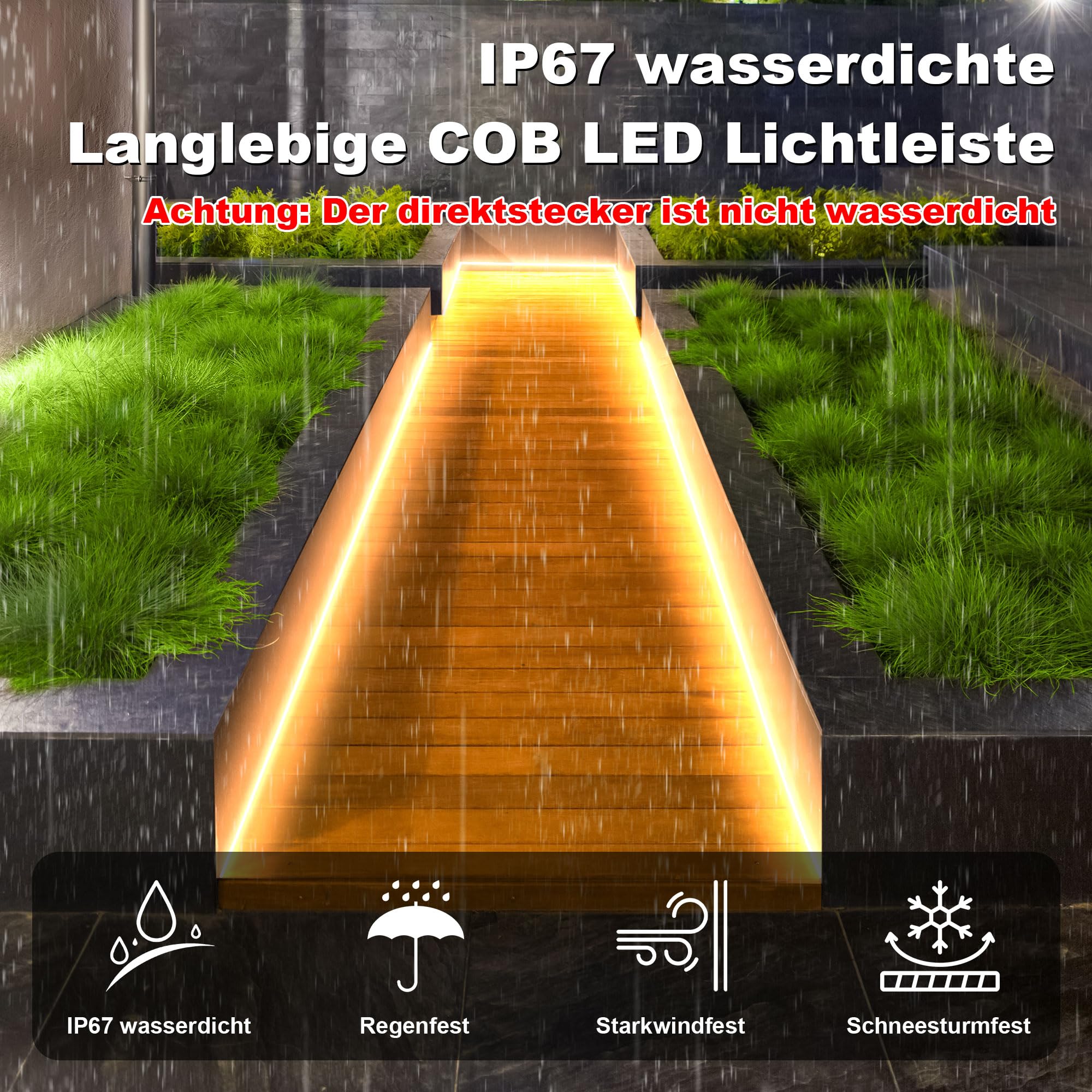Gliztech IP67 Wasserdicht COB LED Streifen 20M 230V Direktstecker Warmweiss 2700K für Garten