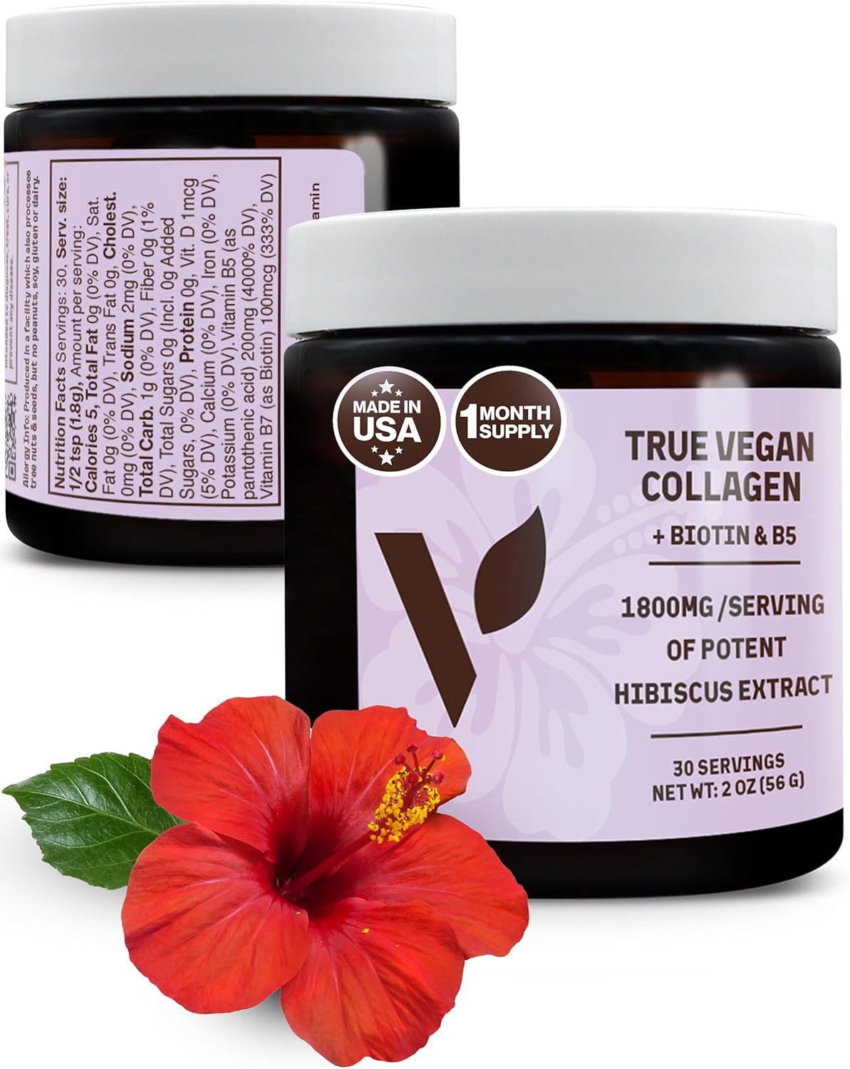 True Vegan Collagen - Antioxidant-Rich Supplement of Pure Organic Hibiscus Powder for Hair & Skin - Plant Based & Cruelty Free with Biotin & B5-2 oz, 30 Servings per Bottle