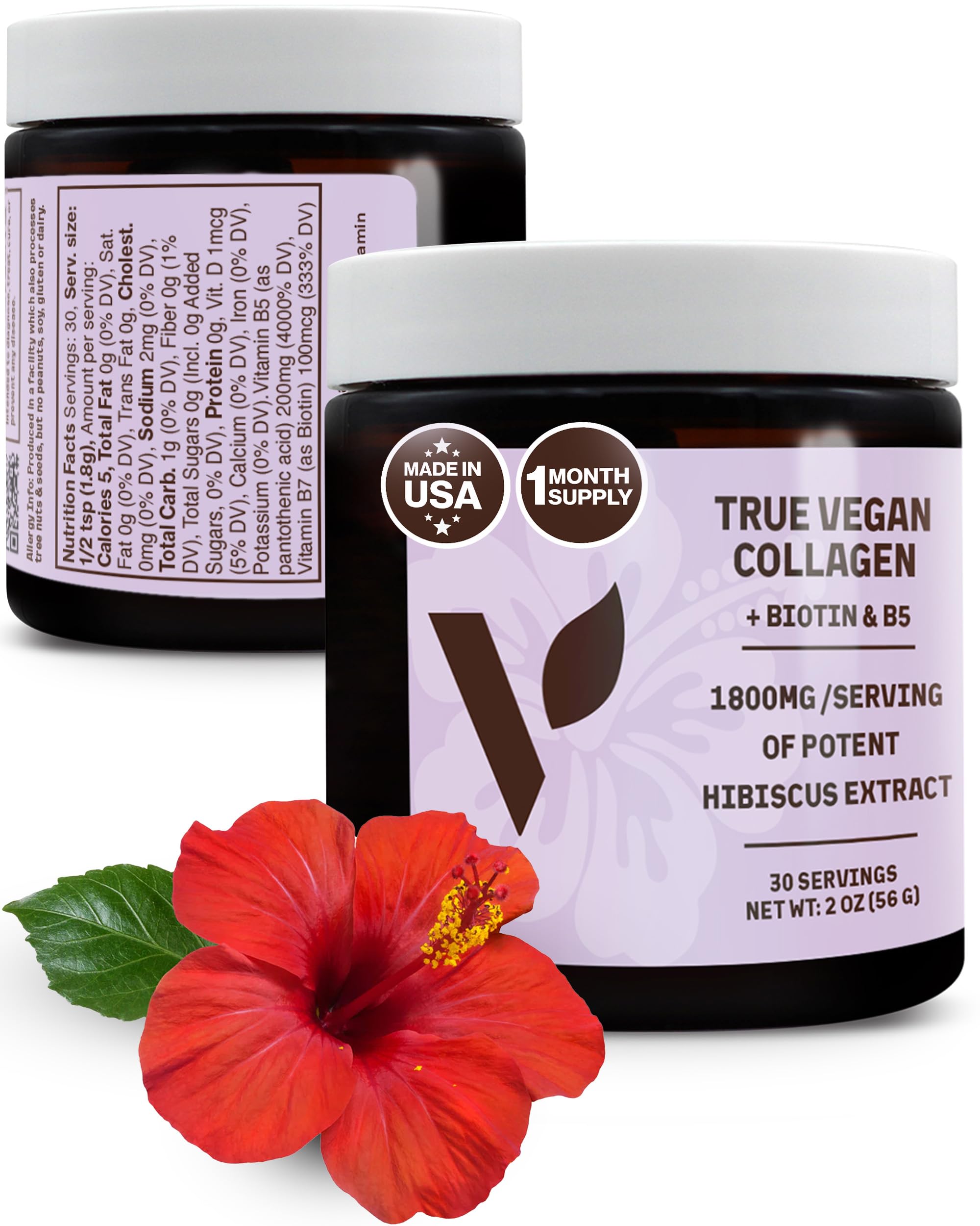 True Vegan Collagen - Antioxidant-Rich Supplement of Pure Organic Hibiscus Powder for Hair & Skin - Plant Based & Cruelty Free with Biotin & B5-2 oz, 30 Servings per Bottle Collagen +Vitamin A, Biotin & B5 Powder 2 Ounce (Pack of 1)
