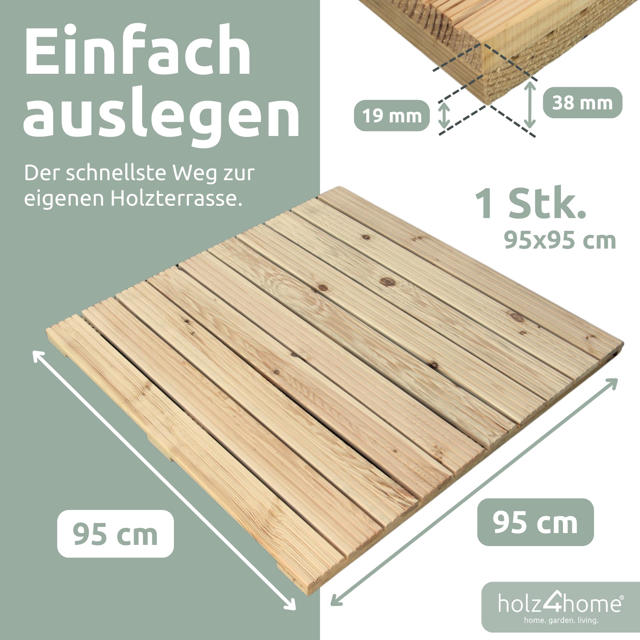 holz4home® Holzfliese Kiefernholz 95x95 cm I Terrassenfliese aus Holz I Terrassendiele Aussen I Rutschfest Geriffelt I Bodenfliese Terrasse Balkon Garten