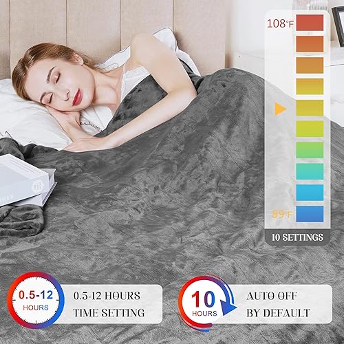 Miniatura 4 de Sunvivi Manta eléctrica tamaño Queen, manta térmica de franela suave de doble control, 10 ajustes de calor, 12 horas de apagado automático, lavable